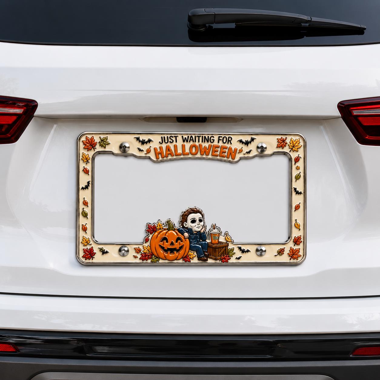 Halloween License Plate Frame and Auto Tag with Just Waiting, Pumpkin Horror Movie, Fall Leaves, Auto Decor, Car Accessory Gift - photo 3