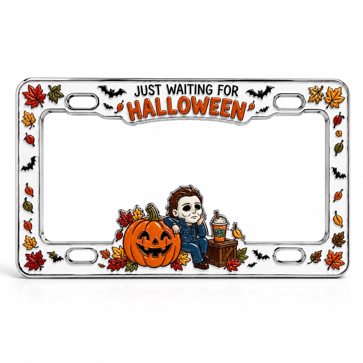 Halloween License Plate Frame and Auto Tag with Just Waiting, Pumpkin Horror Movie, Fall Leaves, Auto Decor, Car Accessory Gift - photo 5