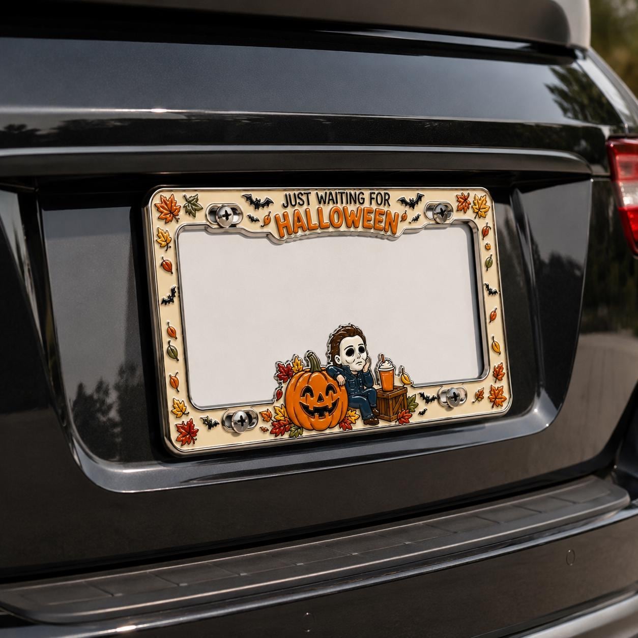 Halloween License Plate Frame and Auto Tag with Just Waiting, Pumpkin Horror Movie, Fall Leaves, Auto Decor, Car Accessory Gift - photo 6