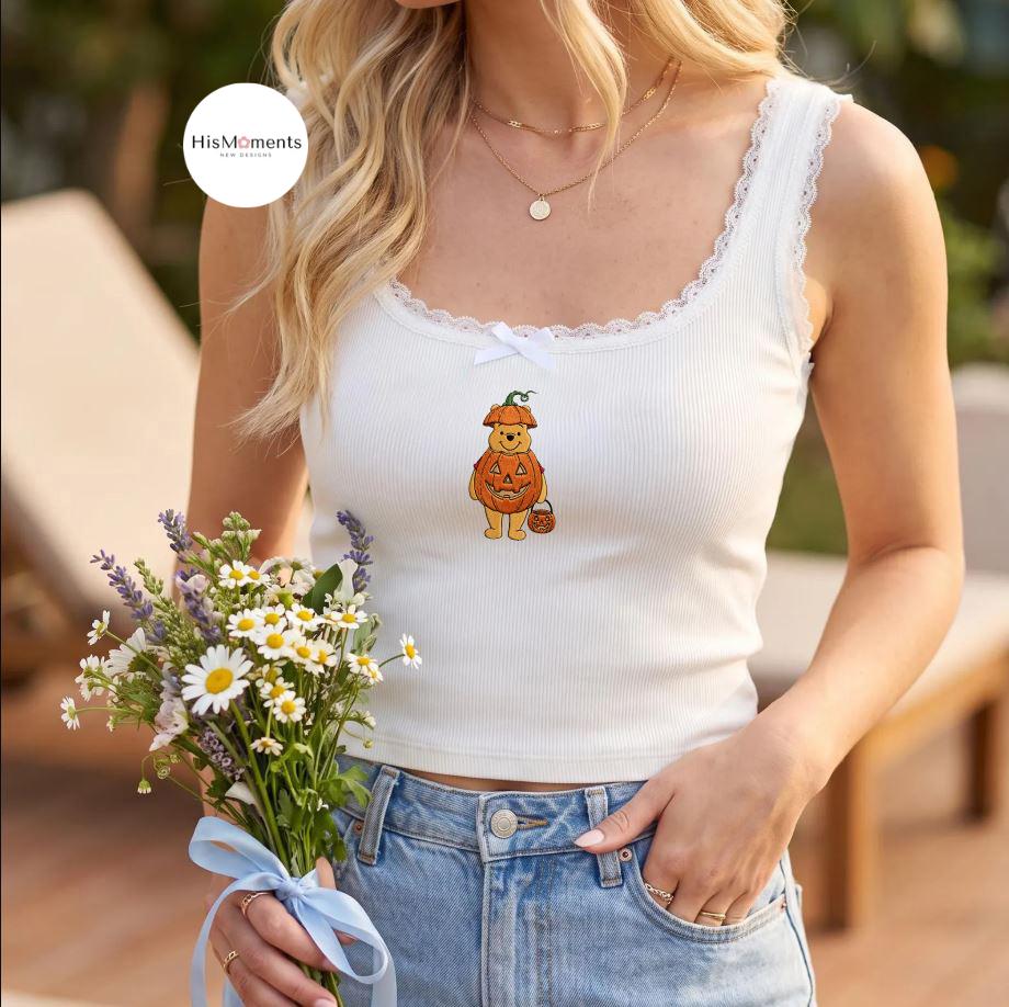 Embroidered Winnie the Pooh Halloween Pumpkin Lace Trim Tank Top and Baby Tee Crop Top for Disney Spooky Season Trick or Treat