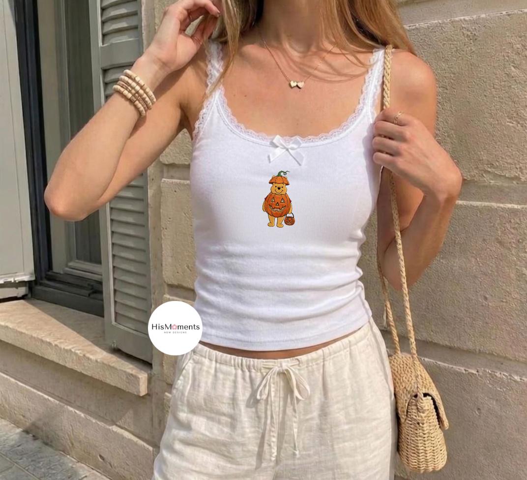 Embroidered Winnie the Pooh Halloween Pumpkin Lace Trim Tank Top and Baby Tee Crop Top for Disney Spooky Season Trick or Treat - photo 2