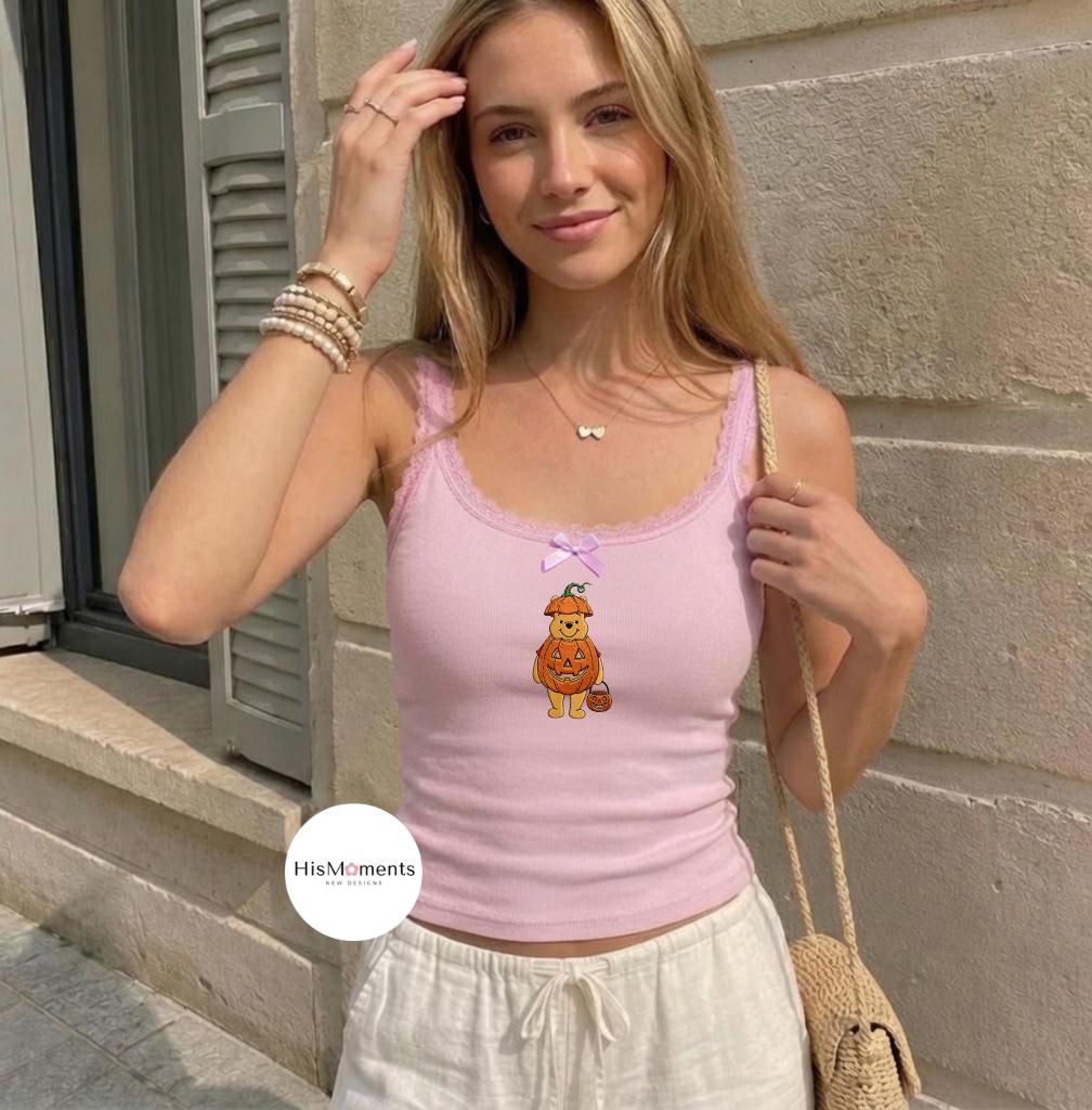 Embroidered Winnie the Pooh Halloween Pumpkin Lace Trim Tank Top and Baby Tee Crop Top for Disney Spooky Season Trick or Treat - photo 4