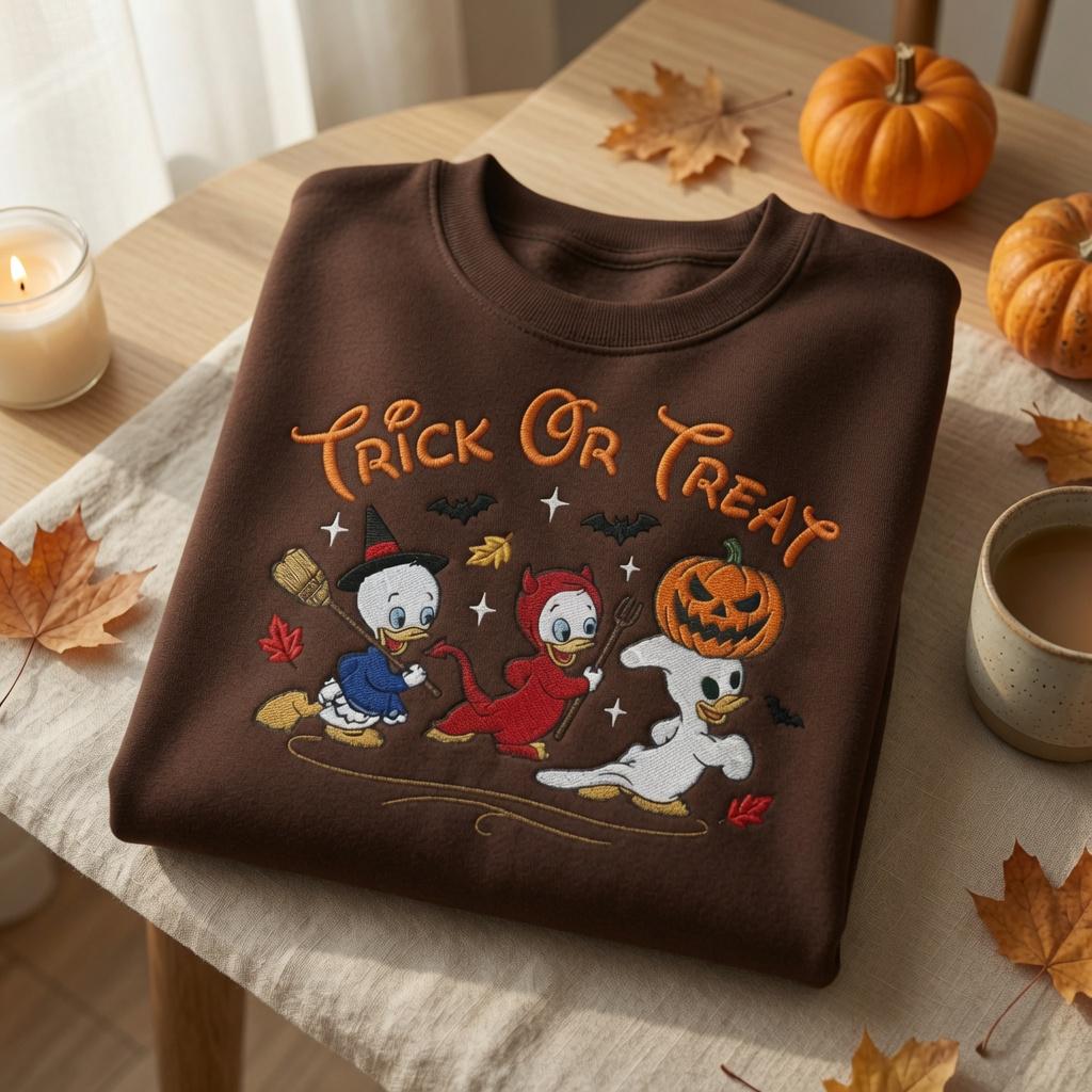 Embroidered Trick Or Treat Duck Sweatshirt – Halloween Disney Crewneck and Spooky Donald Inspired Fall Shirt