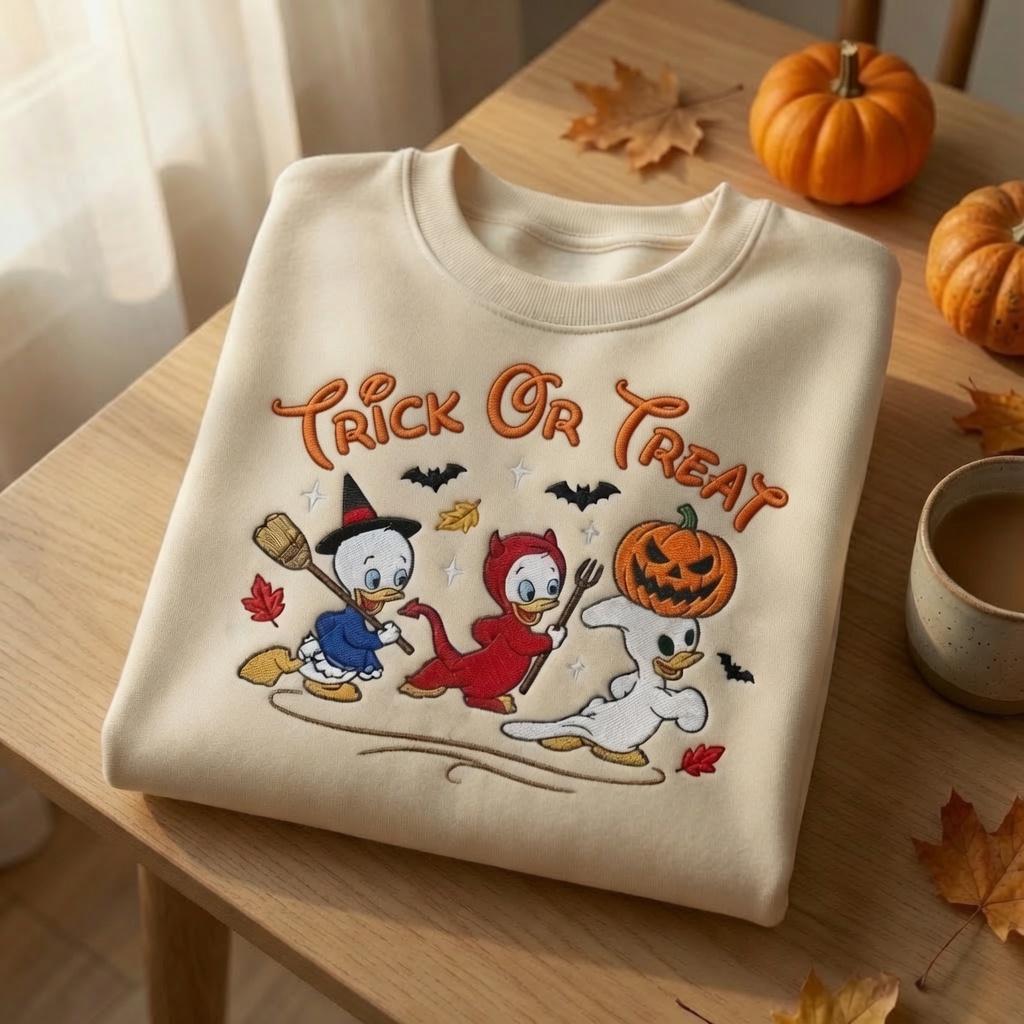 Embroidered Trick Or Treat Duck Sweatshirt – Halloween Disney Crewneck and Spooky Donald Inspired Fall Shirt - photo 2