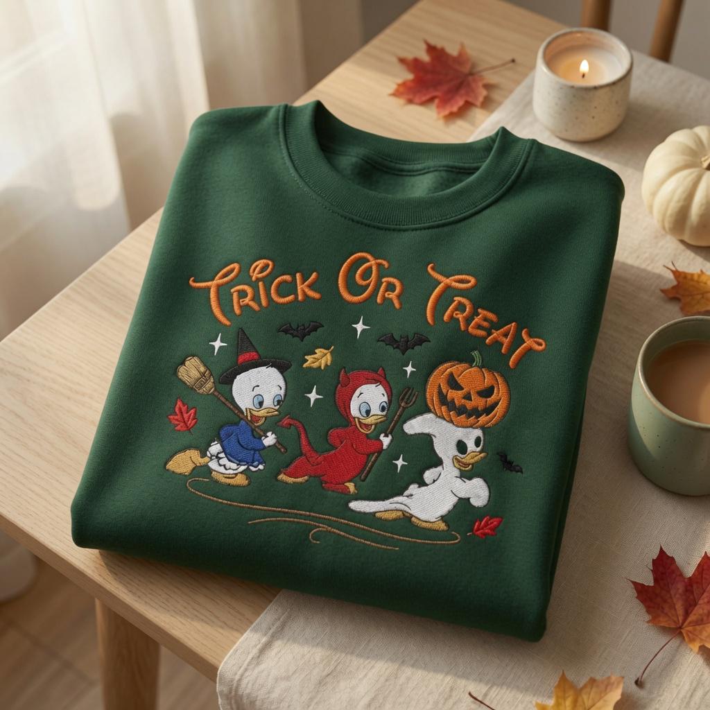 Embroidered Trick Or Treat Duck Sweatshirt – Halloween Disney Crewneck and Spooky Donald Inspired Fall Shirt - photo 3