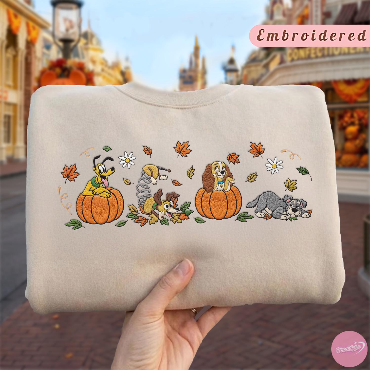 Embroidered Disney Dogs Fall Vibes T-Shirt Hoodie Sweatshirt With Pluto Figaro Lady and Tramp Pumpkin for Halloween Dog Lover Gift