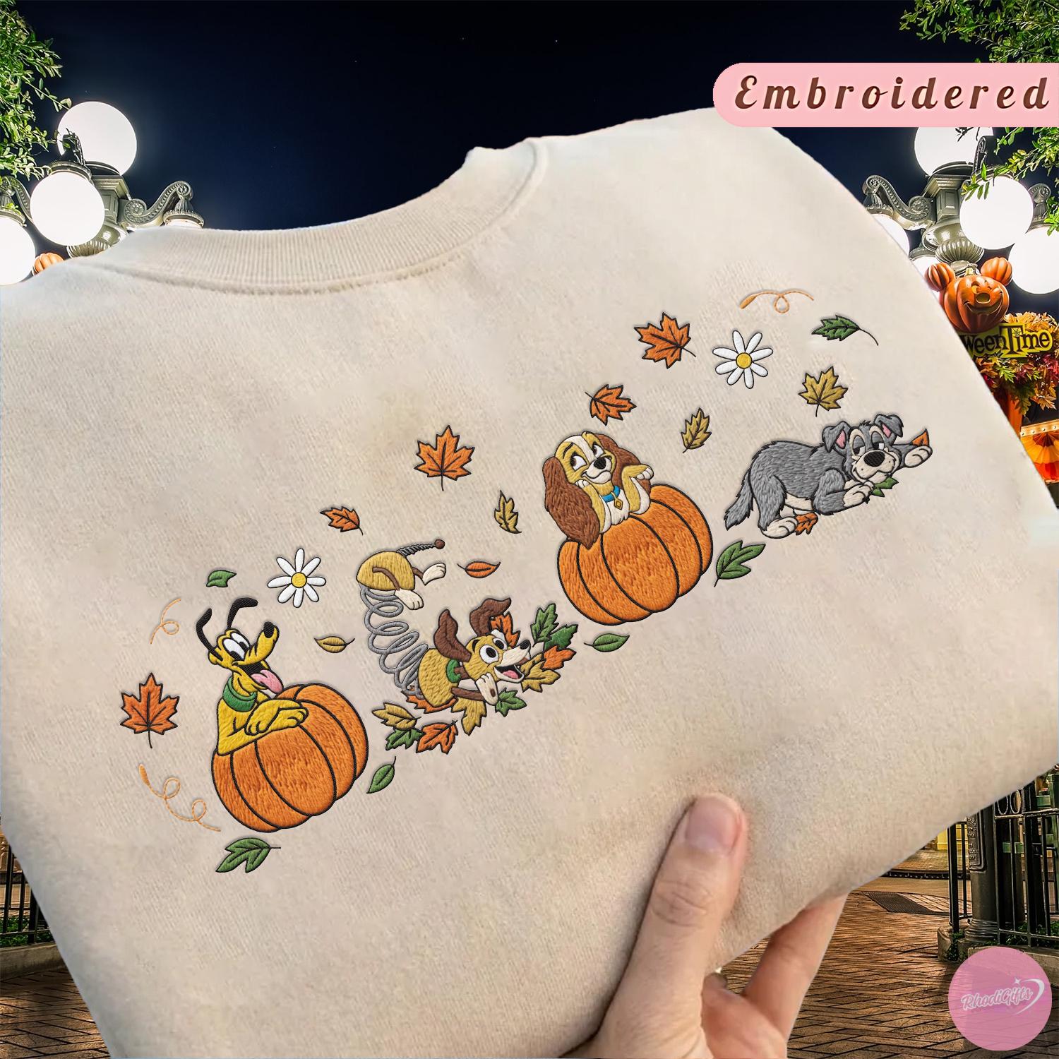 Embroidered Disney Dogs Fall Vibes T-Shirt Hoodie Sweatshirt With Pluto Figaro Lady and Tramp Pumpkin for Halloween Dog Lover Gift - photo 2