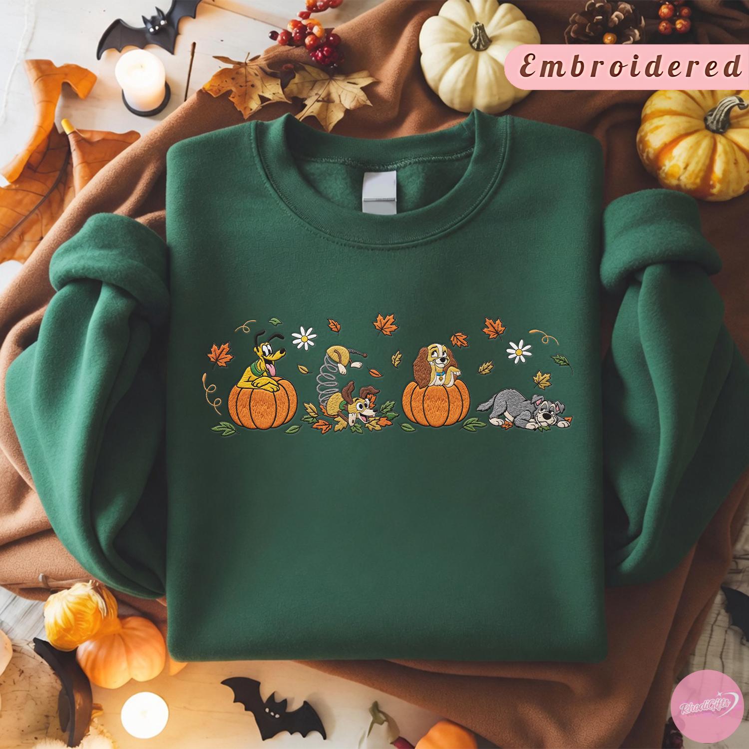 Embroidered Disney Dogs Fall Vibes T-Shirt Hoodie Sweatshirt With Pluto Figaro Lady and Tramp Pumpkin for Halloween Dog Lover Gift - photo 3