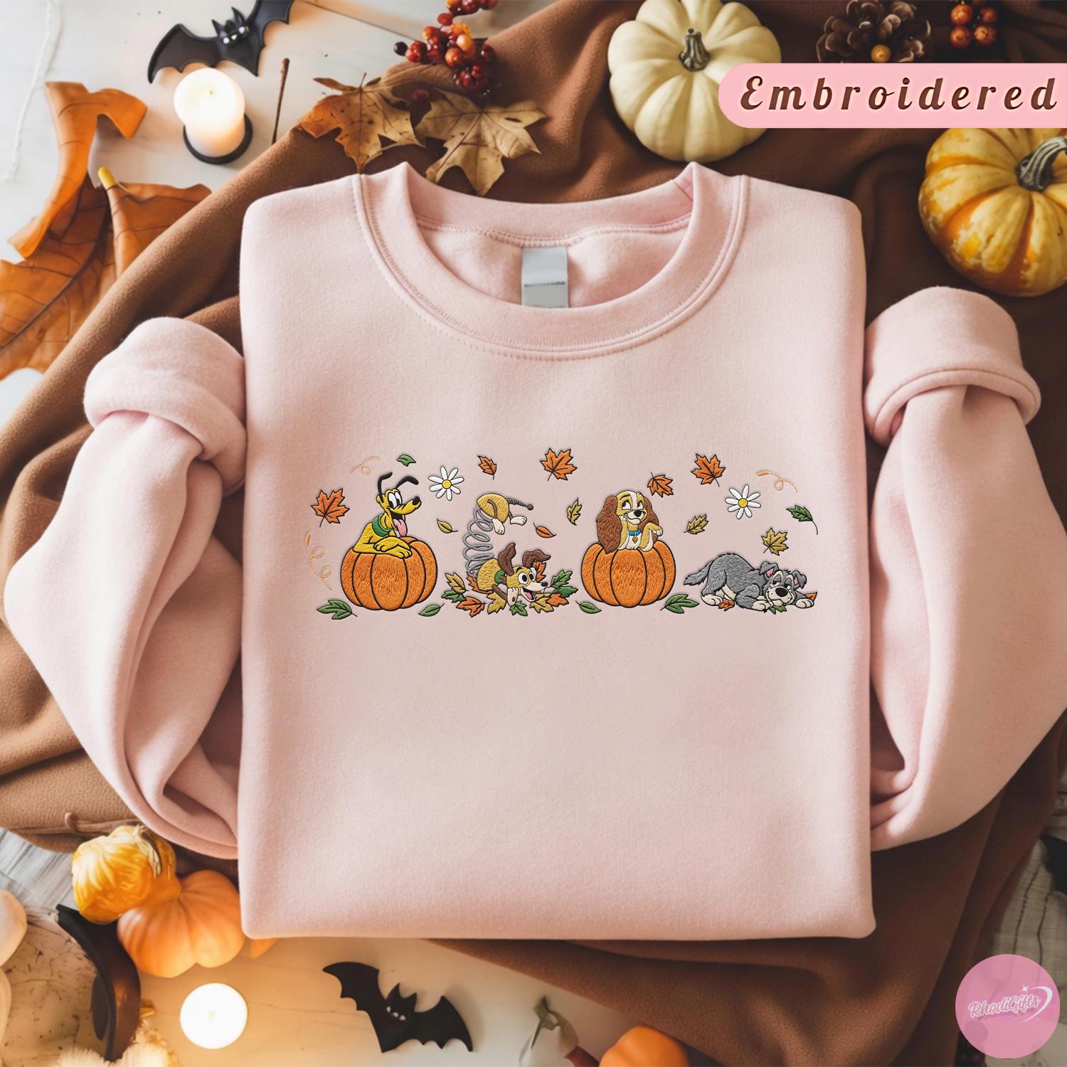 Embroidered Disney Dogs Fall Vibes T-Shirt Hoodie Sweatshirt With Pluto Figaro Lady and Tramp Pumpkin for Halloween Dog Lover Gift - photo 4