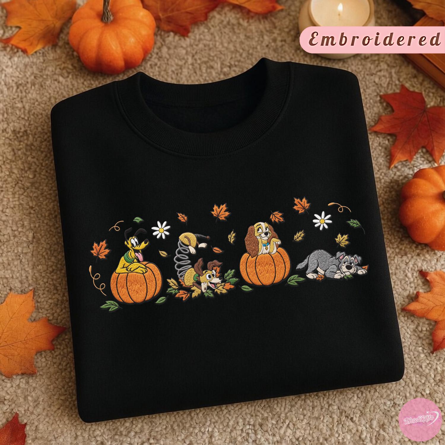 Embroidered Disney Dogs Fall Vibes T-Shirt Hoodie Sweatshirt With Pluto Figaro Lady and Tramp Pumpkin for Halloween Dog Lover Gift - photo 5