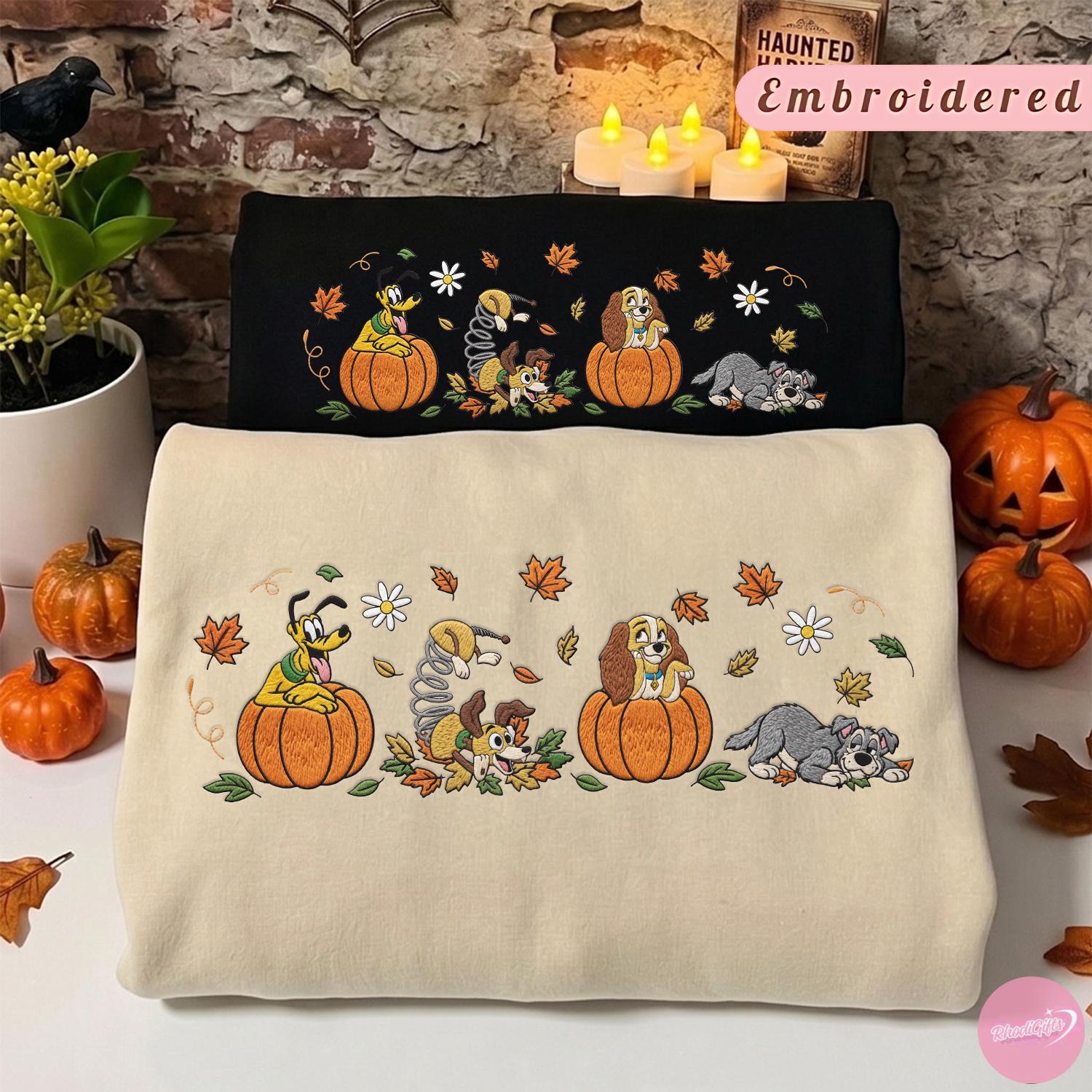 Embroidered Disney Dogs Fall Vibes T-Shirt Hoodie Sweatshirt With Pluto Figaro Lady and Tramp Pumpkin for Halloween Dog Lover Gift - photo 6