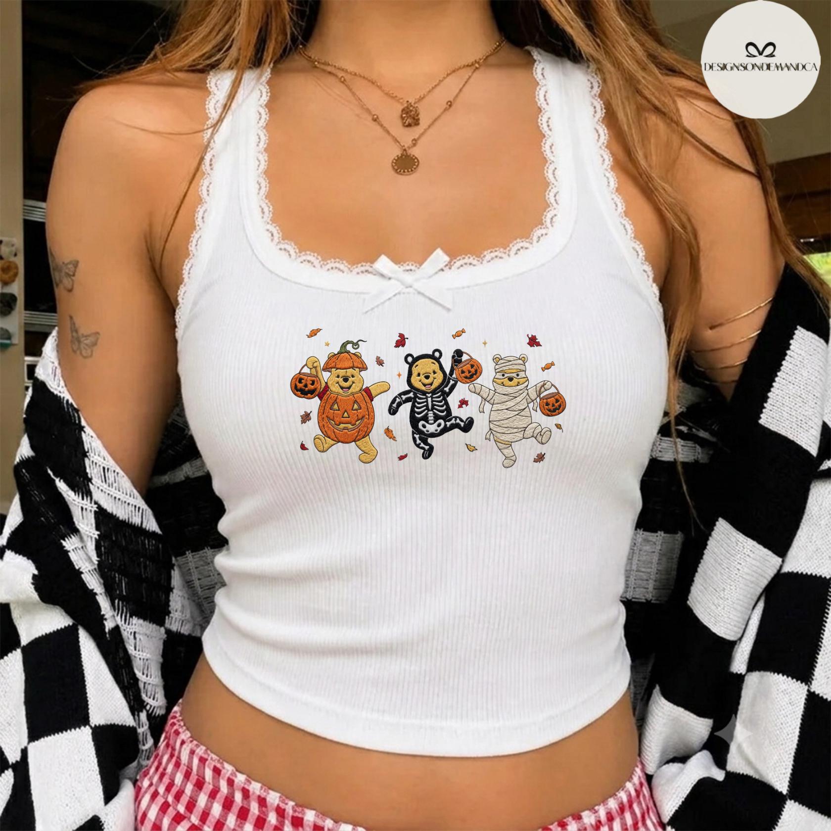 Embroidered Disney Pooh Bear Pumpkin Halloween Baby Tee Crop Tank and Women's Lace Trim Tank Top Shirt