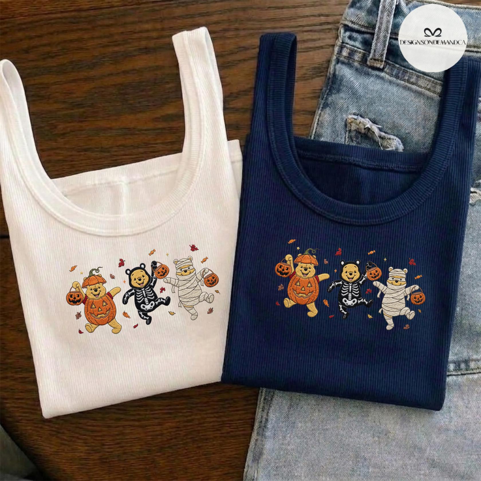 Embroidered Disney Pooh Bear Pumpkin Halloween Baby Tee Crop Tank and Women's Lace Trim Tank Top Shirt - photo 3