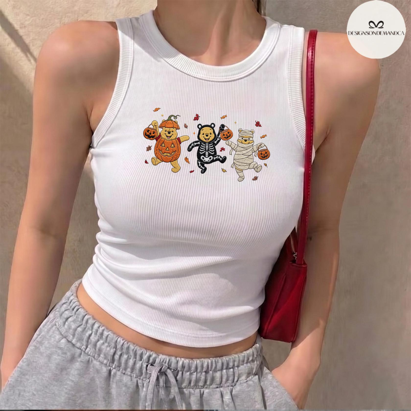 Embroidered Disney Pooh Bear Pumpkin Halloween Baby Tee Crop Tank and Women's Lace Trim Tank Top Shirt - photo 4