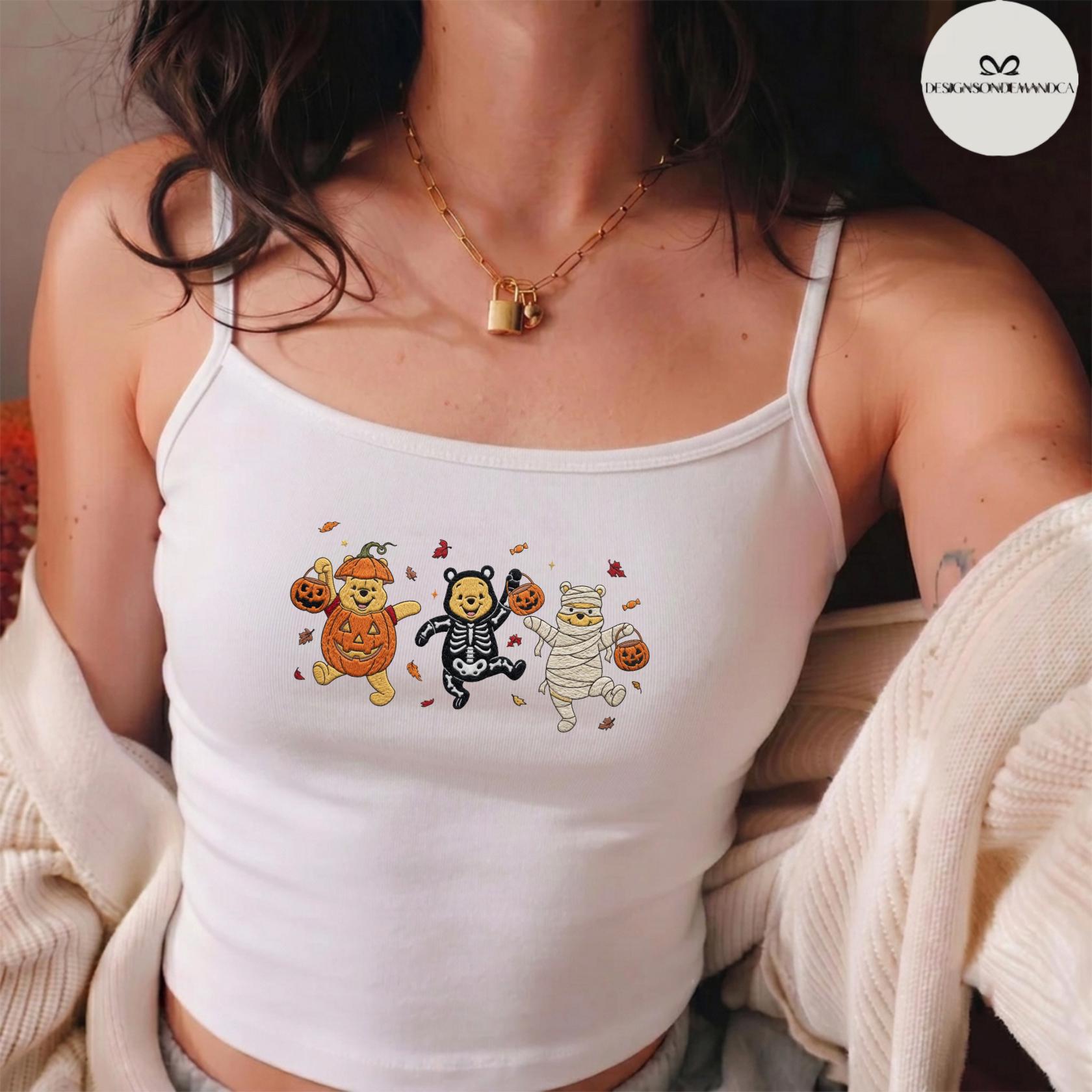 Embroidered Disney Pooh Bear Pumpkin Halloween Baby Tee Crop Tank and Women's Lace Trim Tank Top Shirt - photo 5