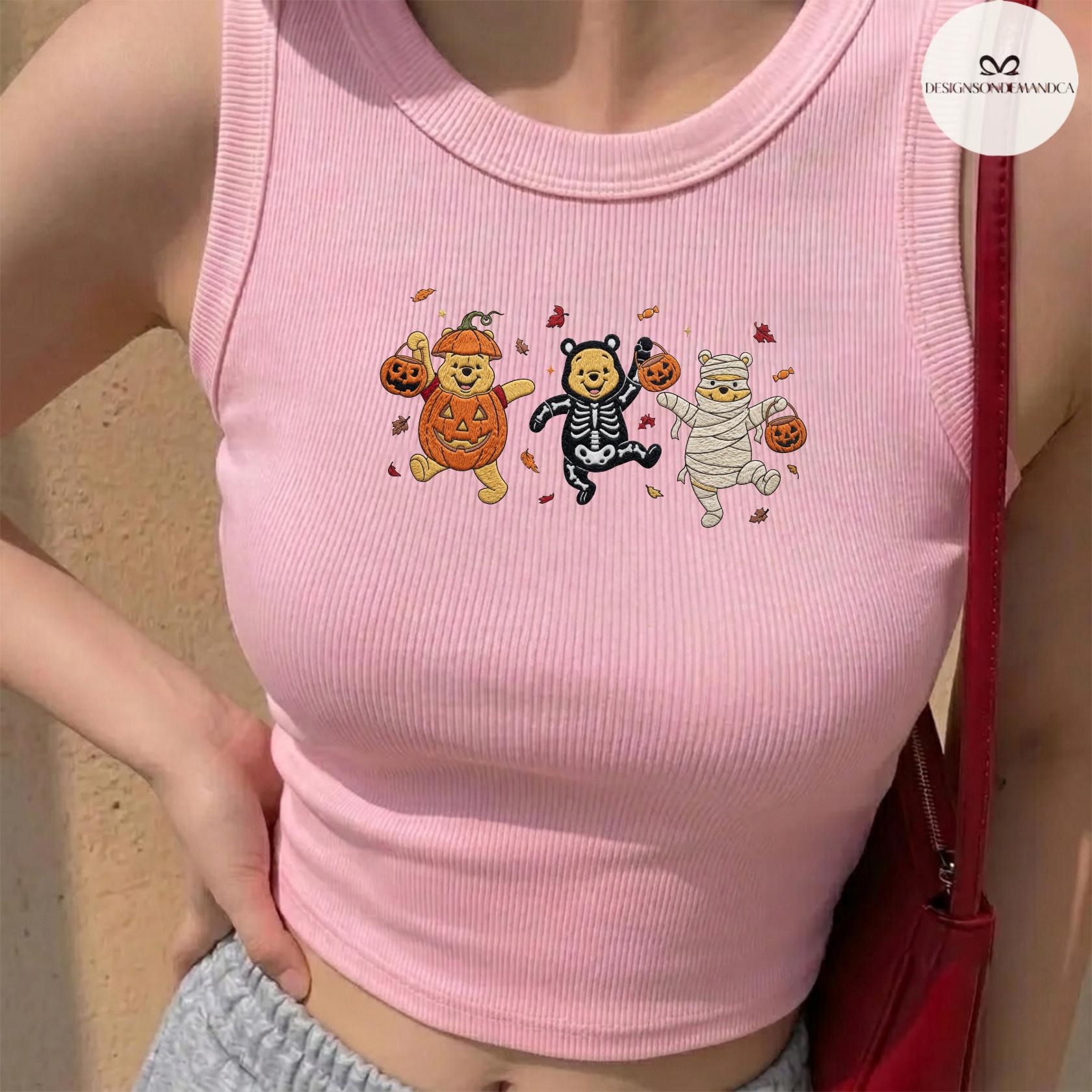 Embroidered Disney Pooh Bear Pumpkin Halloween Baby Tee Crop Tank and Women's Lace Trim Tank Top Shirt - photo 8