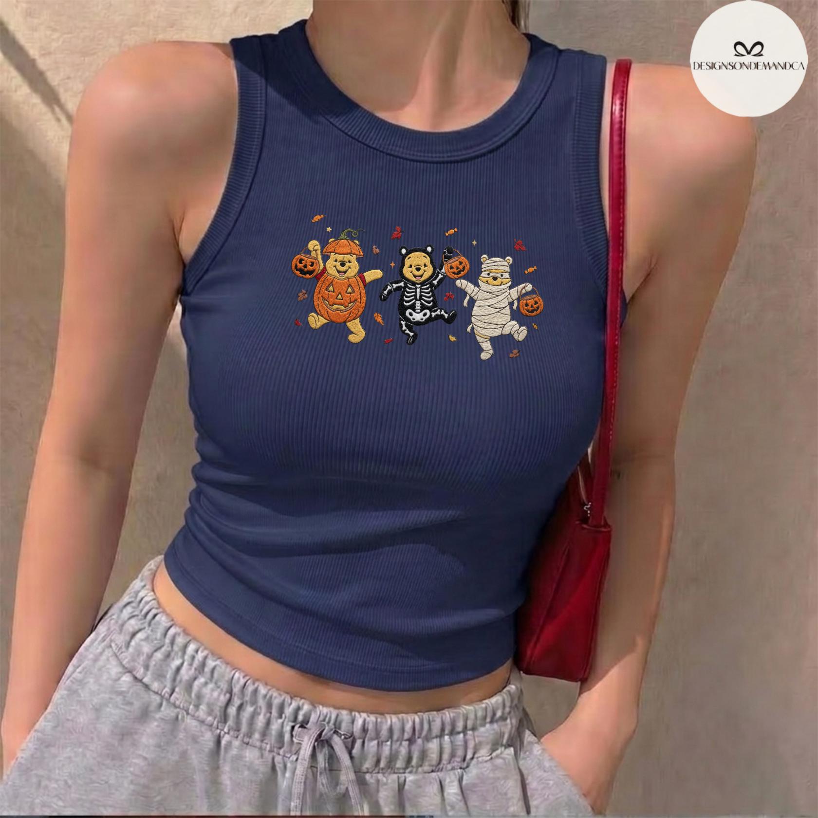 Embroidered Disney Pooh Bear Pumpkin Halloween Baby Tee Crop Tank and Women's Lace Trim Tank Top Shirt - photo 9