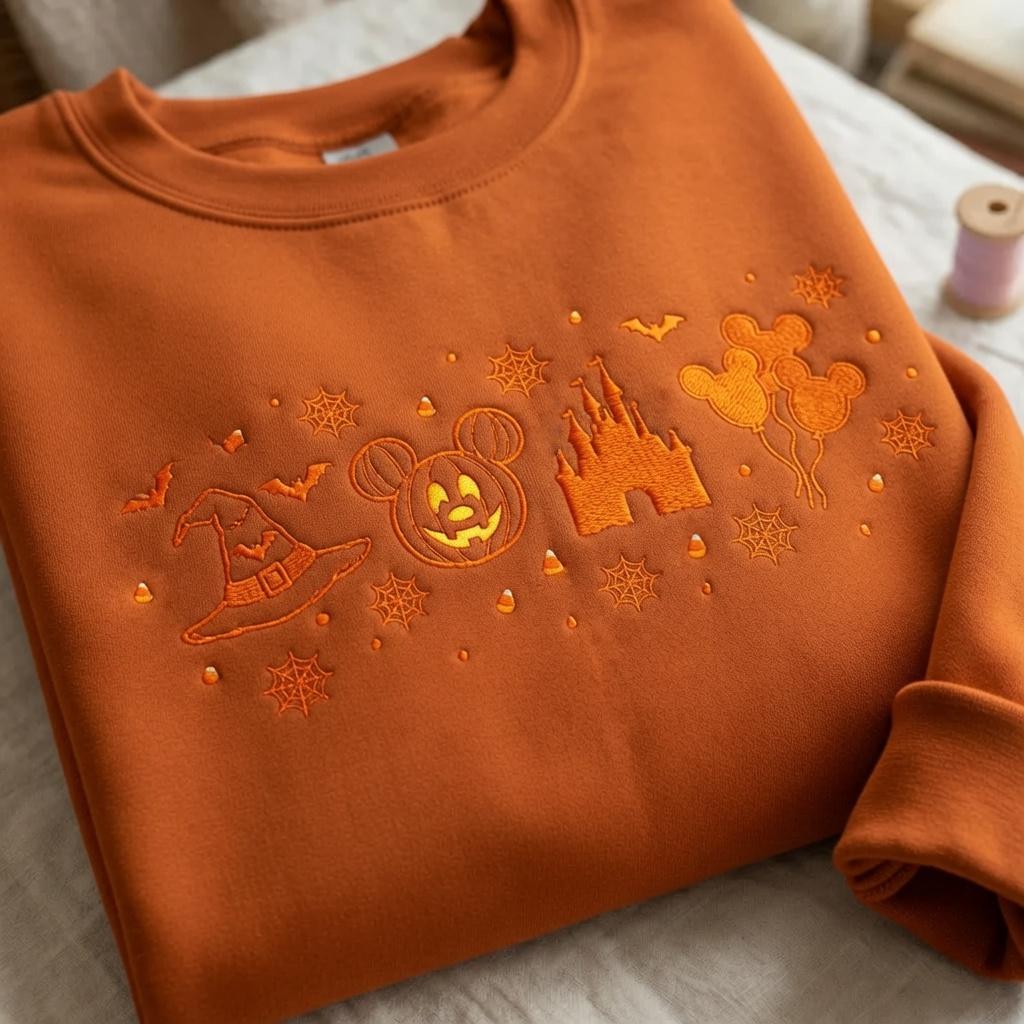 Embroidered Disney Halloween Magical Land Sweatshirt – Spooky Mickey Pumpkin Castle Crewneck And Fall Park Magic Kingdom Tee Shirt