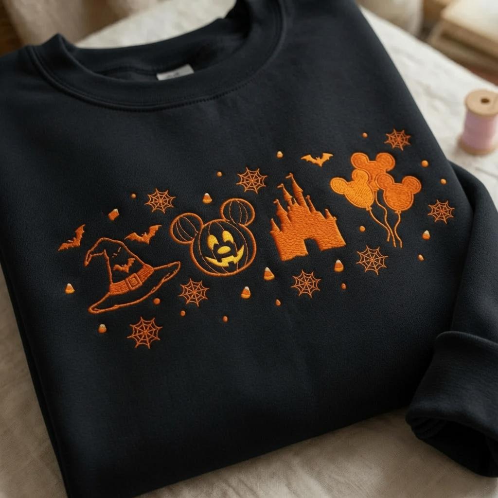 Embroidered Disney Halloween Magical Land Sweatshirt – Spooky Mickey Pumpkin Castle Crewneck And Fall Park Magic Kingdom Tee Shirt - photo 2