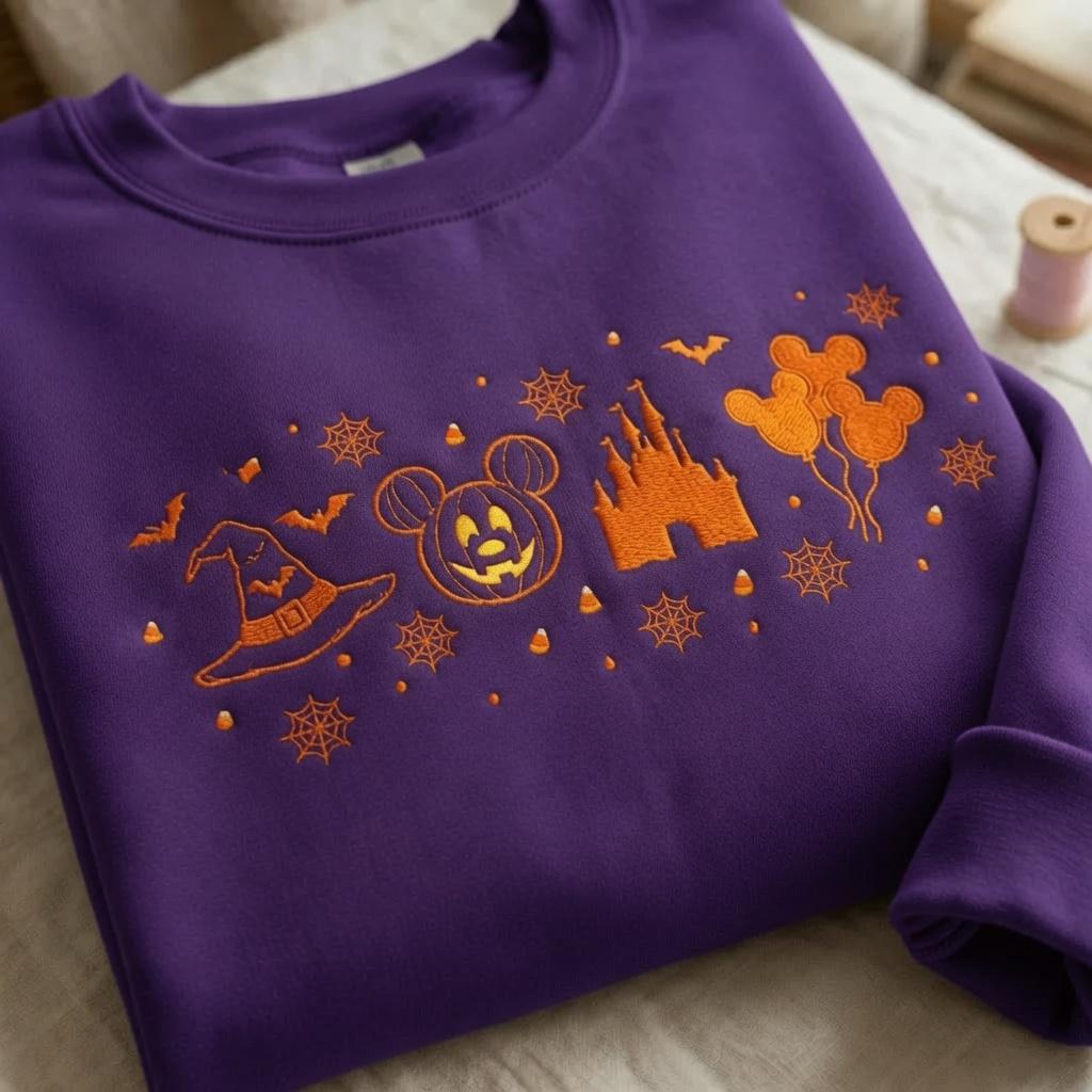 Embroidered Disney Halloween Magical Land Sweatshirt – Spooky Mickey Pumpkin Castle Crewneck And Fall Park Magic Kingdom Tee Shirt - photo 3