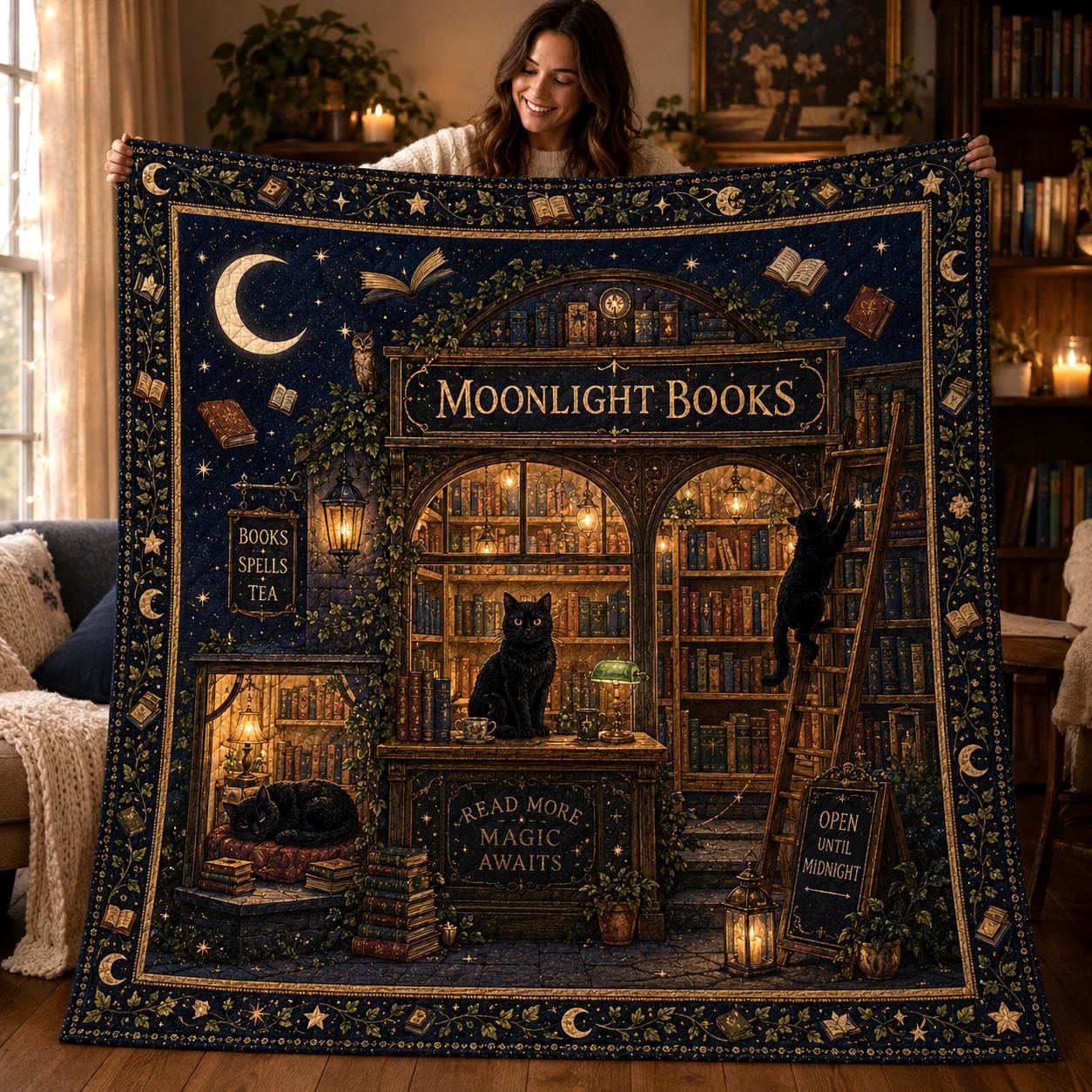 Moonlight Books Quilted Style Throw Blanket with Black Cat Book Lover, Magical Library Bedding, Cozy Reading Gift for Bookworms