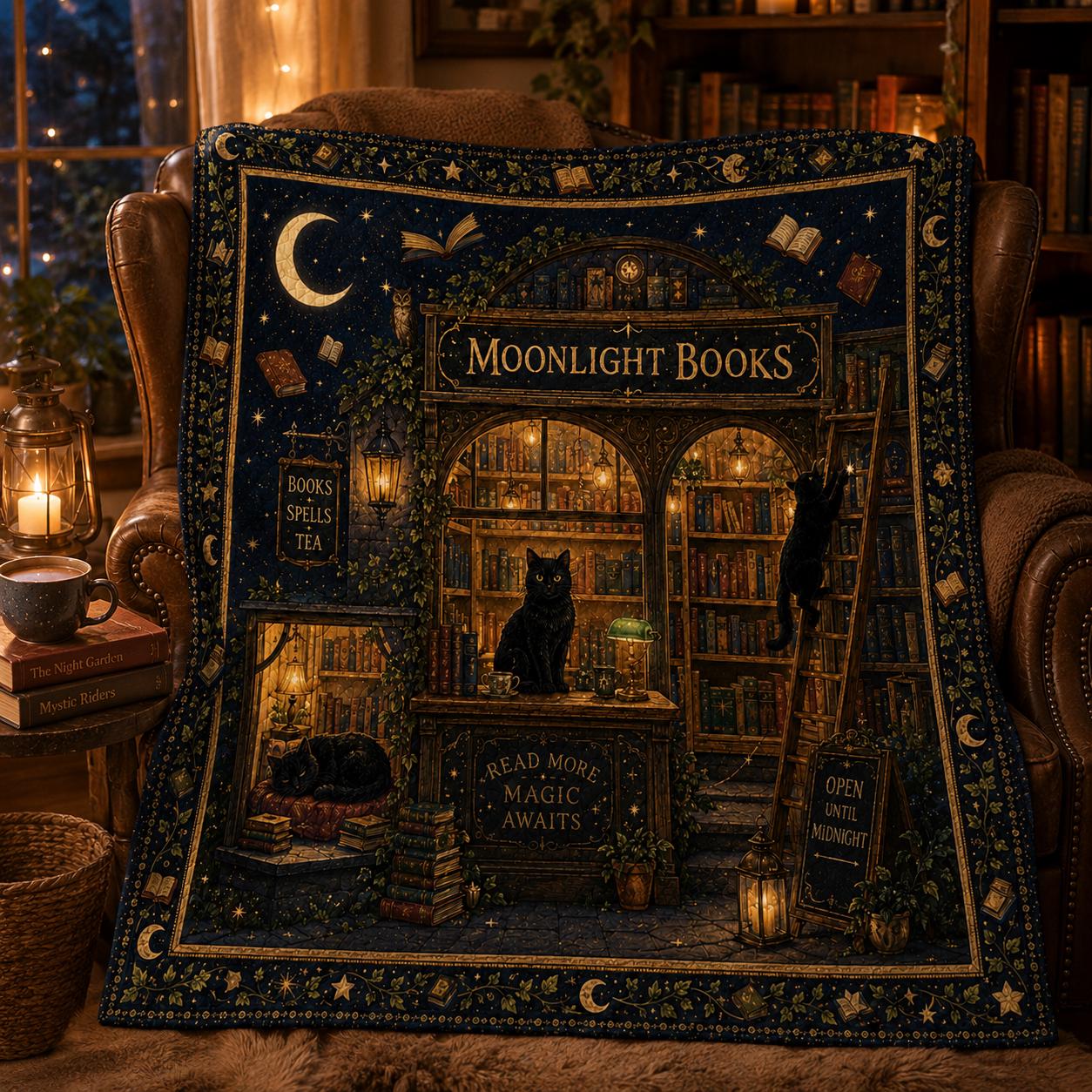 Moonlight Books Quilted Style Throw Blanket with Black Cat Book Lover, Magical Library Bedding, Cozy Reading Gift for Bookworms - photo 2