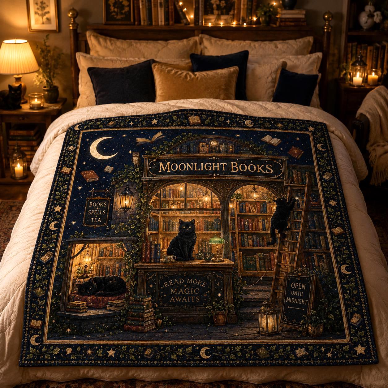 Moonlight Books Quilted Style Throw Blanket with Black Cat Book Lover, Magical Library Bedding, Cozy Reading Gift for Bookworms - photo 3