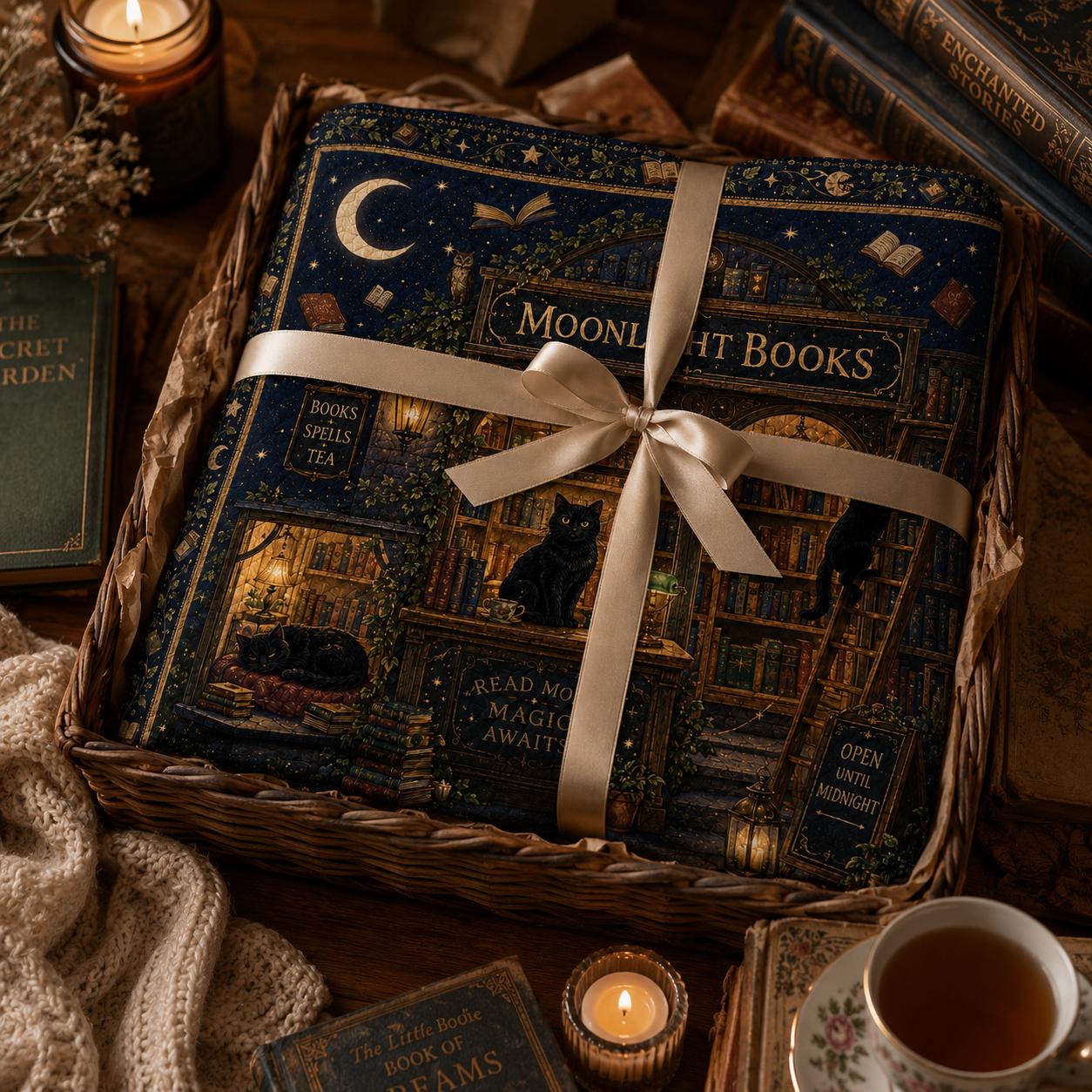 Moonlight Books Quilted Style Throw Blanket with Black Cat Book Lover, Magical Library Bedding, Cozy Reading Gift for Bookworms - photo 5
