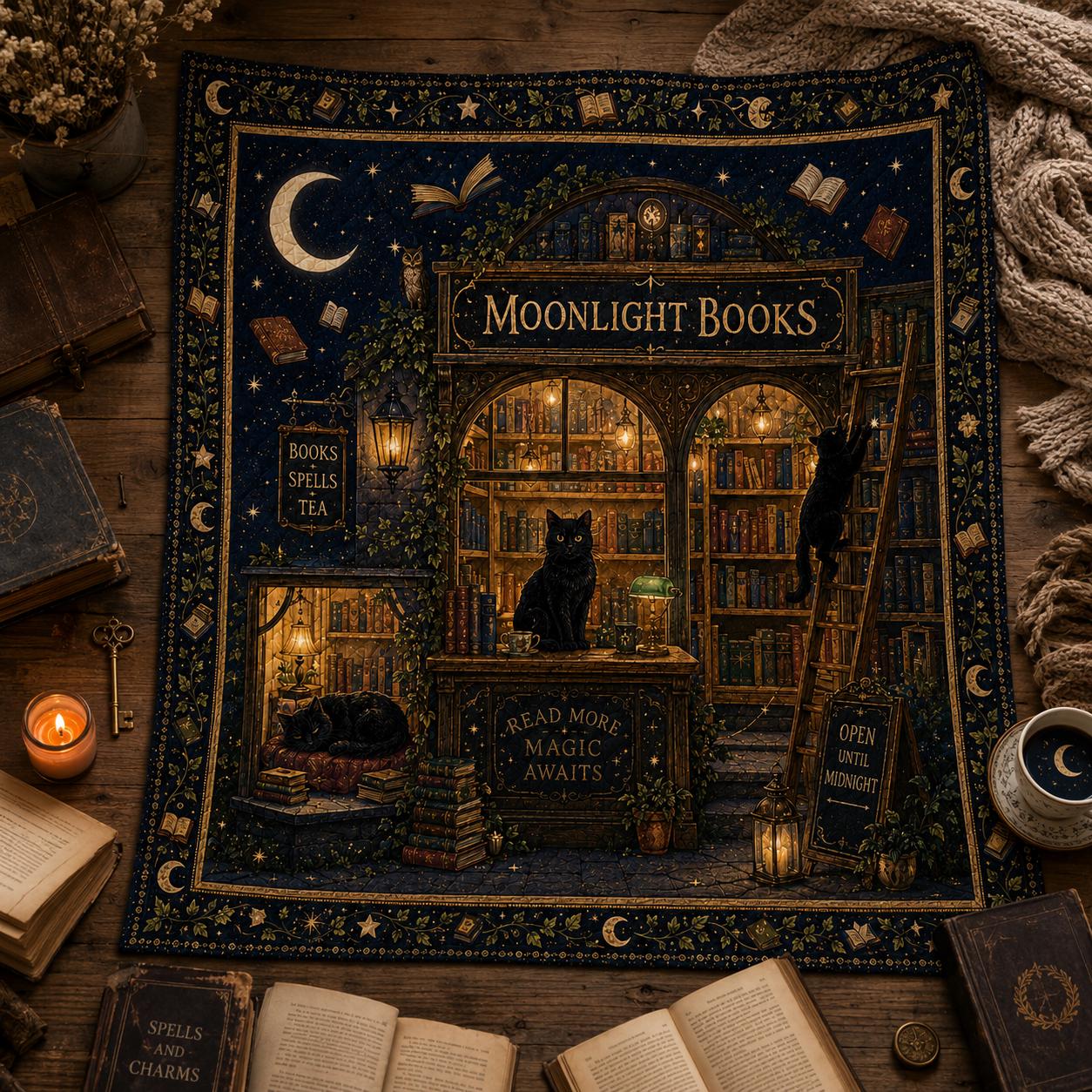 Moonlight Books Quilted Style Throw Blanket with Black Cat Book Lover, Magical Library Bedding, Cozy Reading Gift for Bookworms - photo 6
