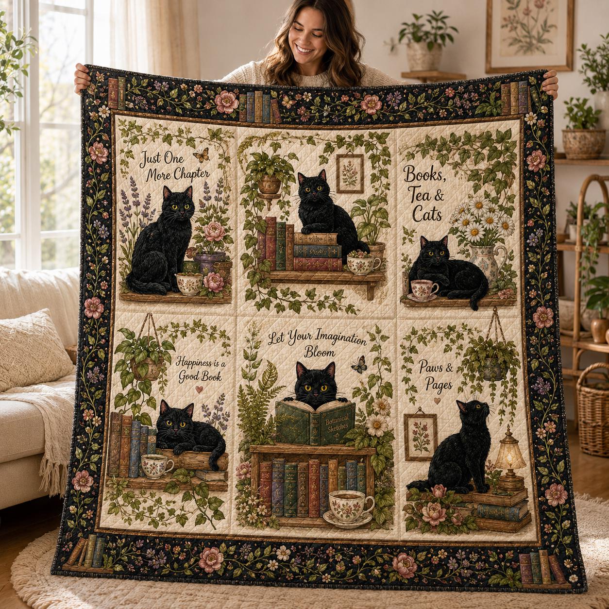 Books Tea Cats Quilted Style Throw Blanket with Black Cat Reading, Cottagecore Library Blanket, Cozy Book Lover Gift