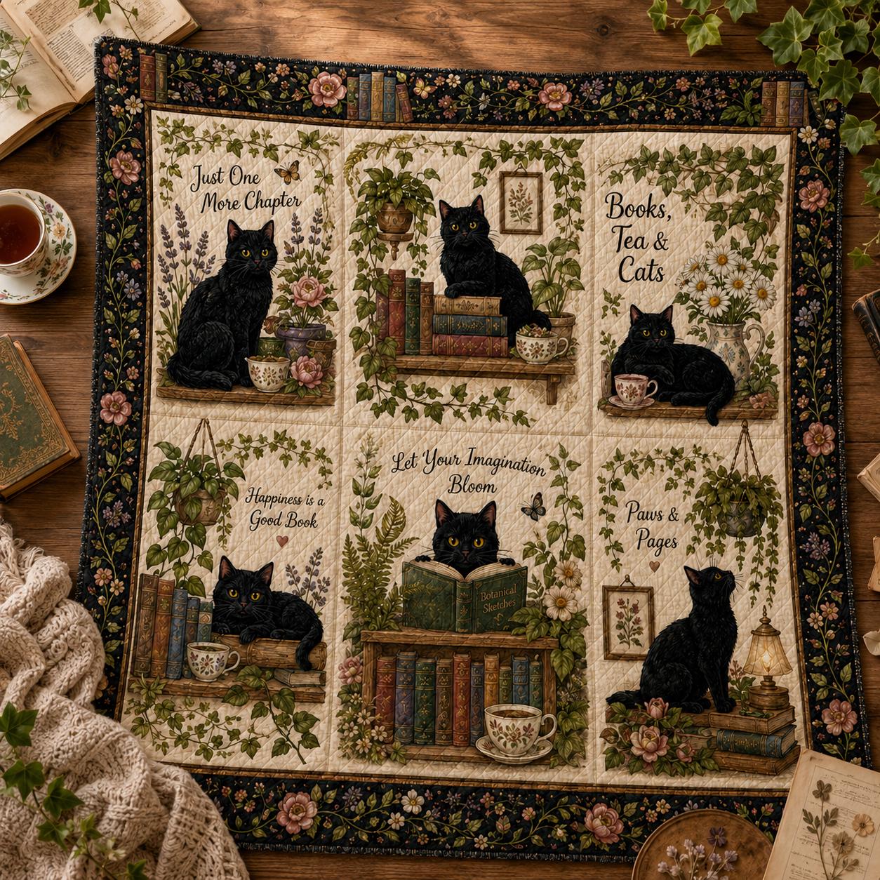 Books Tea Cats Quilted Style Throw Blanket with Black Cat Reading, Cottagecore Library Blanket, Cozy Book Lover Gift - photo 2