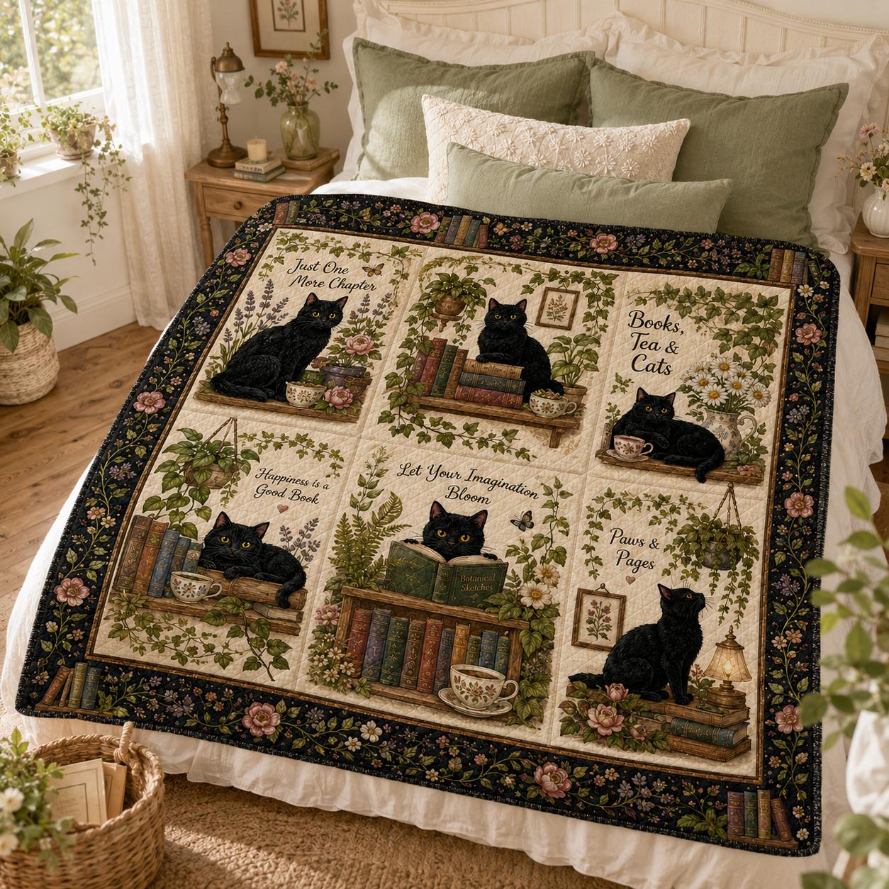 Books Tea Cats Quilted Style Throw Blanket with Black Cat Reading, Cottagecore Library Blanket, Cozy Book Lover Gift - photo 3