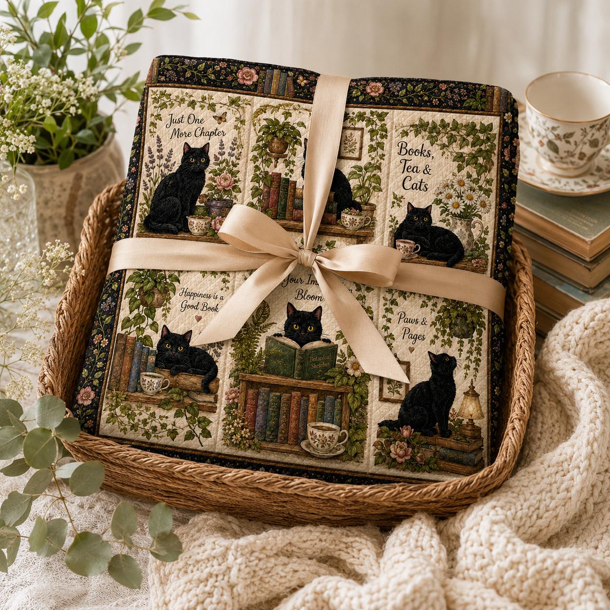 Books Tea Cats Quilted Style Throw Blanket with Black Cat Reading, Cottagecore Library Blanket, Cozy Book Lover Gift - photo 5
