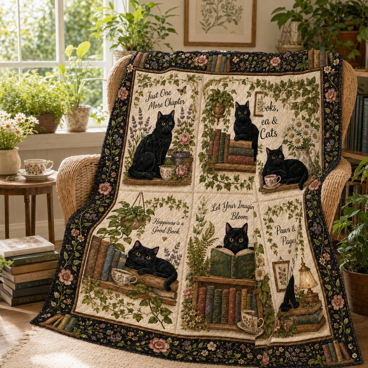Books Tea Cats Quilted Style Throw Blanket with Black Cat Reading, Cottagecore Library Blanket, Cozy Book Lover Gift - photo 6