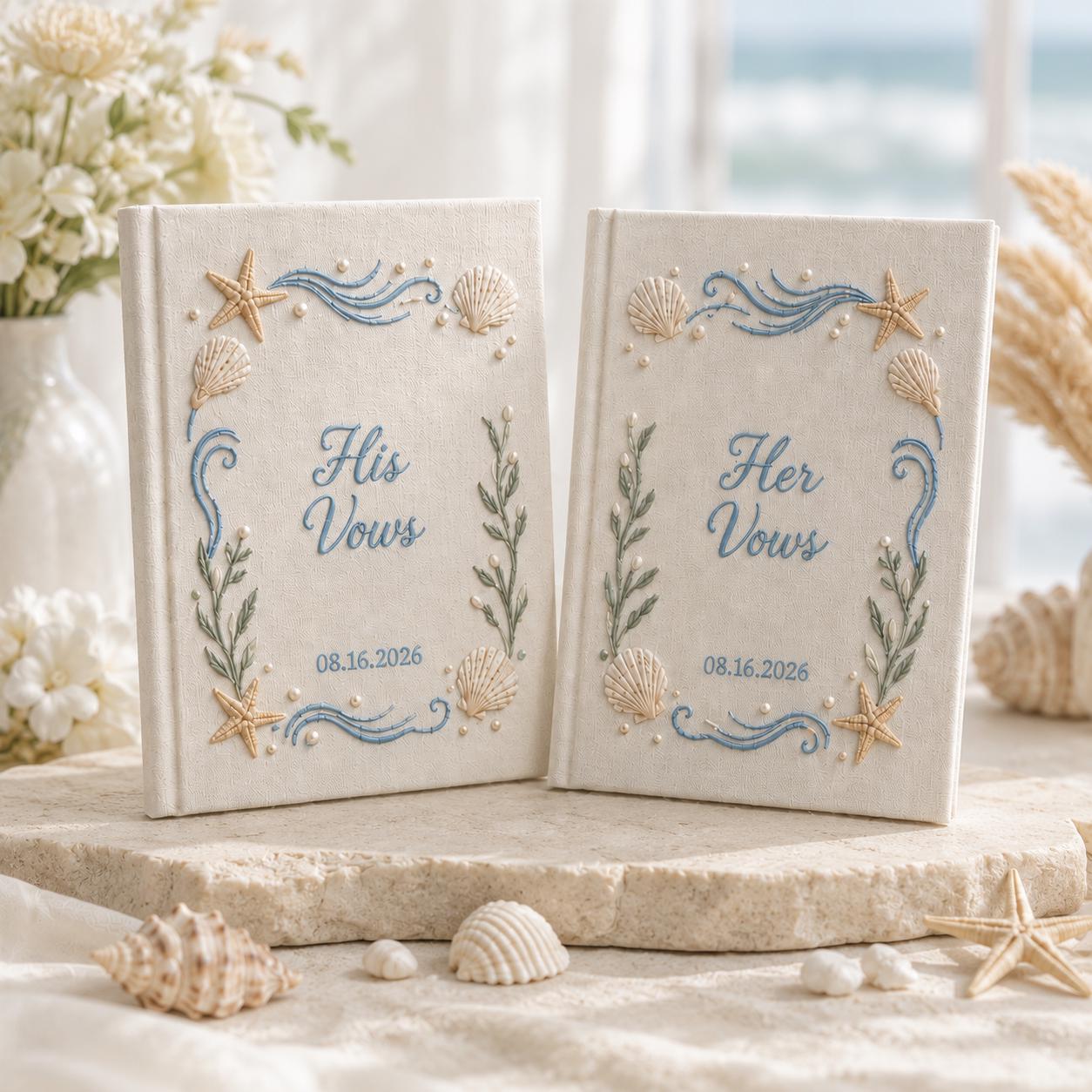 Personalized Handmade Embroidered Wedding Vow Book Set – Custom Linen His and Her Vow Books with Beach Wedding Keepsake for Bride Groom