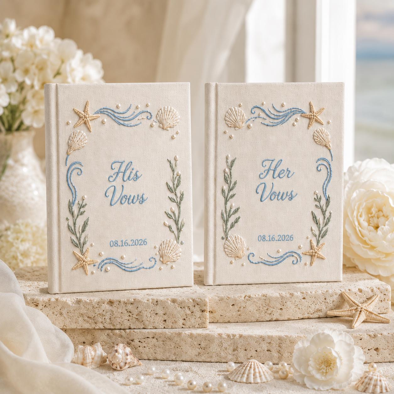 Personalized Handmade Embroidered Wedding Vow Book Set – Custom Linen His and Her Vow Books with Beach Wedding Keepsake for Bride Groom - photo 3