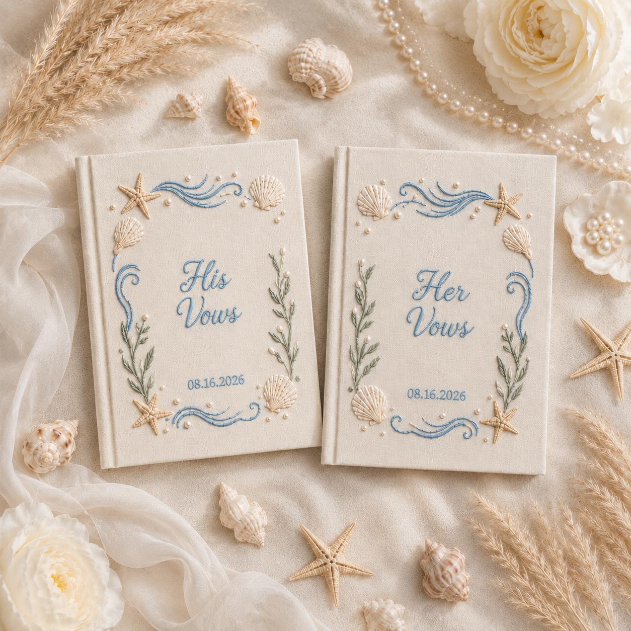 Personalized Handmade Embroidered Wedding Vow Book Set – Custom Linen His and Her Vow Books with Beach Wedding Keepsake for Bride Groom - photo 8