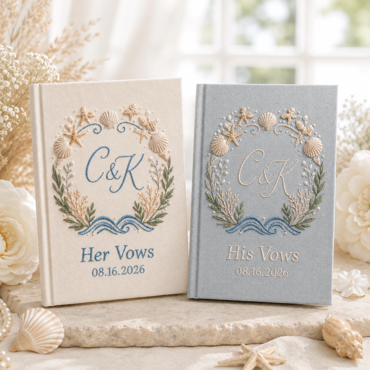 Personalized Handmade Embroidered Beach Vow Books – Custom Wedding Vow Notebook Set with Linen Bride Groom Keepsake Gift