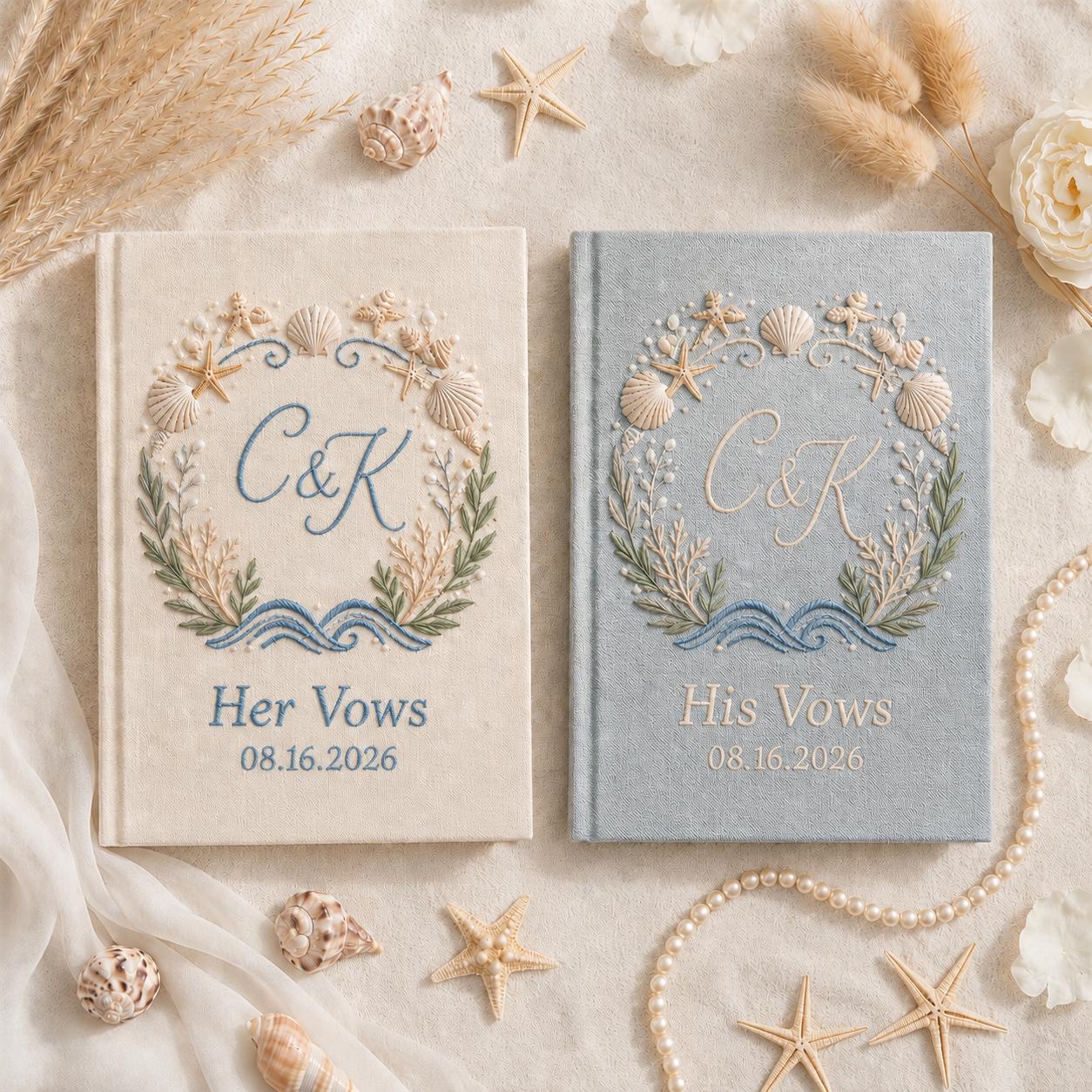 Personalized Handmade Embroidered Beach Vow Books – Custom Wedding Vow Notebook Set with Linen Bride Groom Keepsake Gift - photo 2