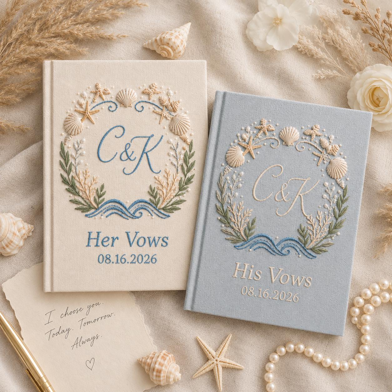 Personalized Handmade Embroidered Beach Vow Books – Custom Wedding Vow Notebook Set with Linen Bride Groom Keepsake Gift - photo 3