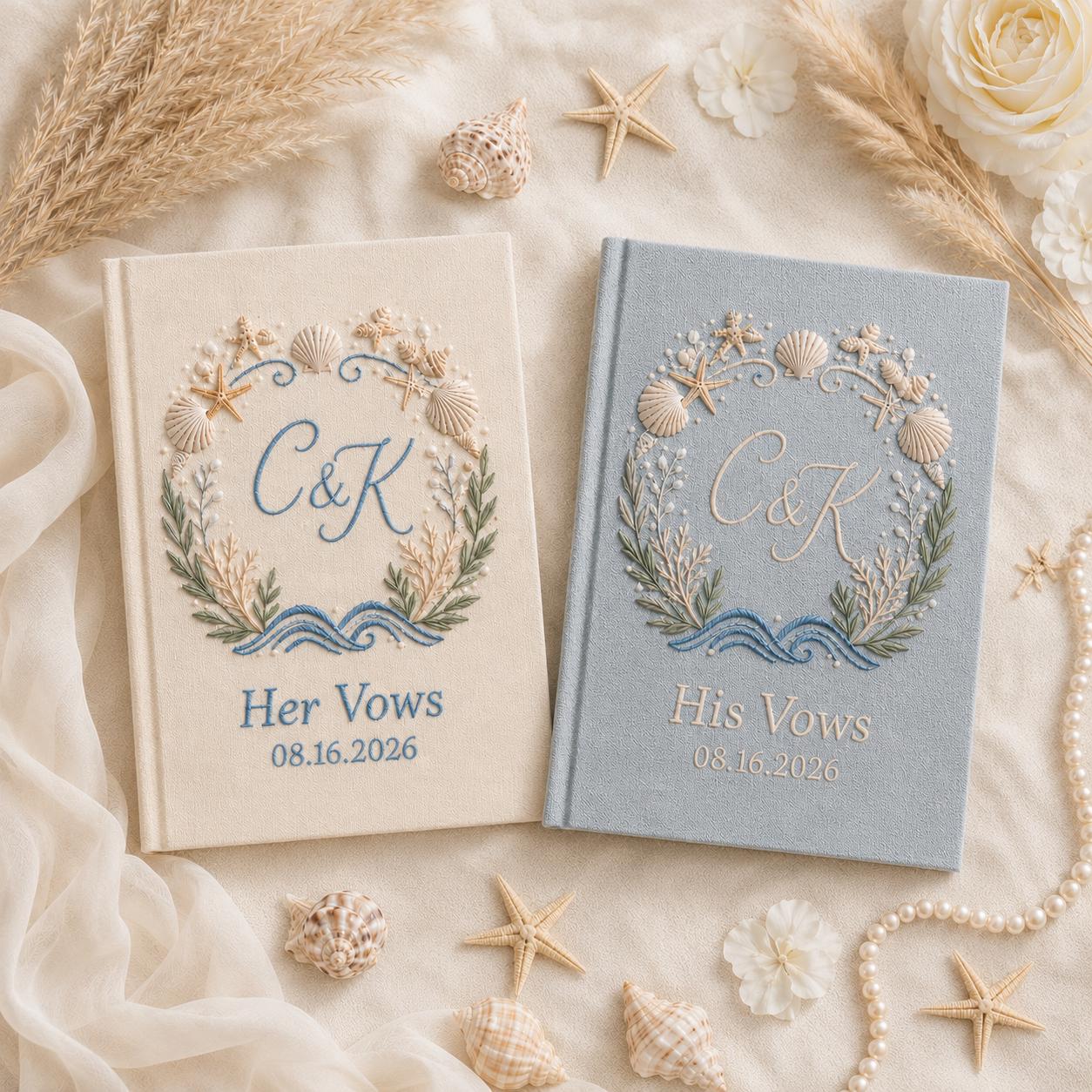 Personalized Handmade Embroidered Beach Vow Books – Custom Wedding Vow Notebook Set with Linen Bride Groom Keepsake Gift - photo 8