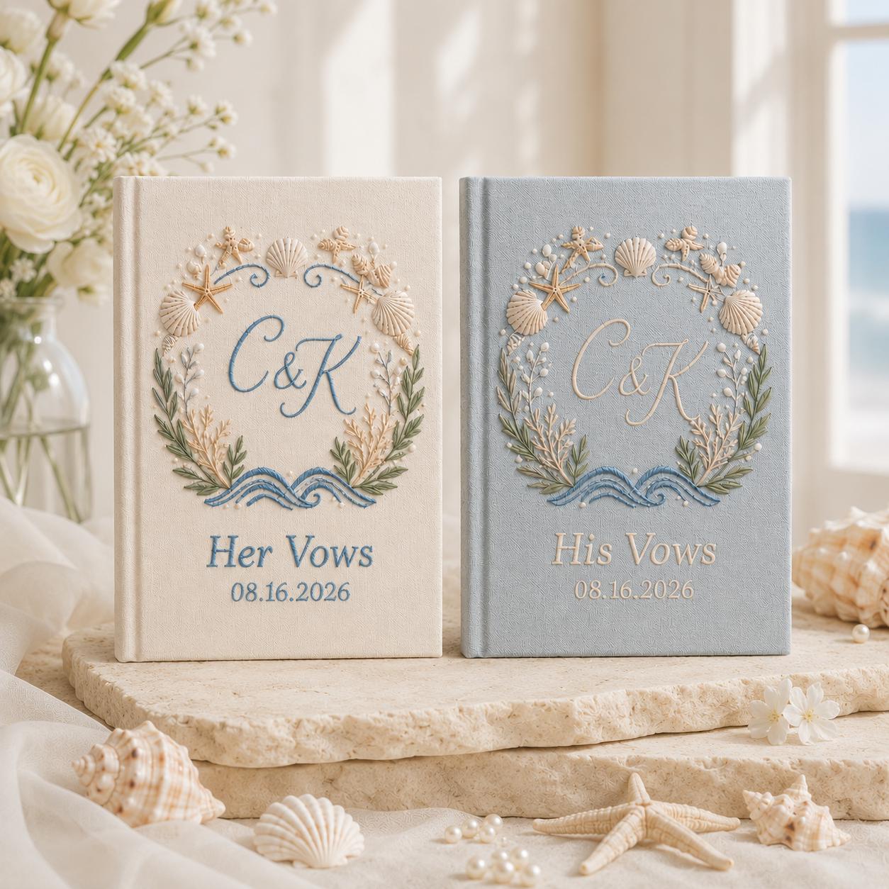 Personalized Handmade Embroidered Beach Vow Books – Custom Wedding Vow Notebook Set with Linen Bride Groom Keepsake Gift - photo 9