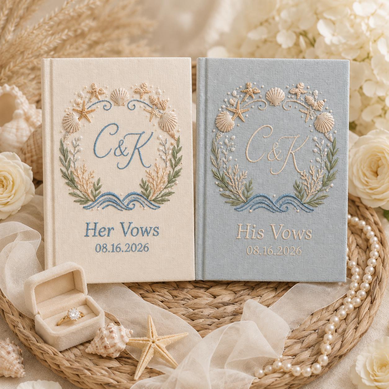 Personalized Handmade Embroidered Beach Vow Books – Custom Wedding Vow Notebook Set with Linen Bride Groom Keepsake Gift - photo 10