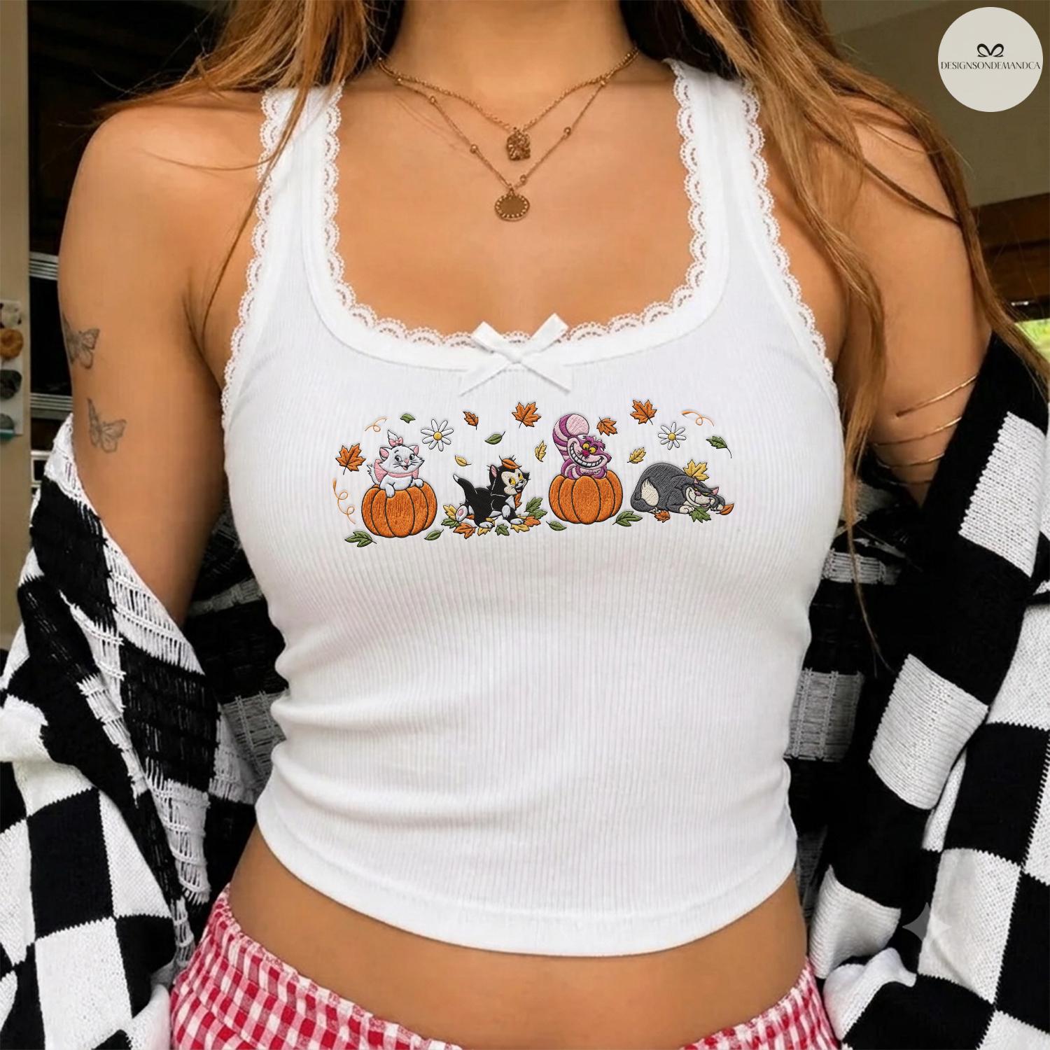 Embroidered Disney Cats Fall Vibes Baby Tee Lace Trim Tank Top With Marie Lucifer Cheshire and Figaro Pumpkin for Halloween Cat Lovers