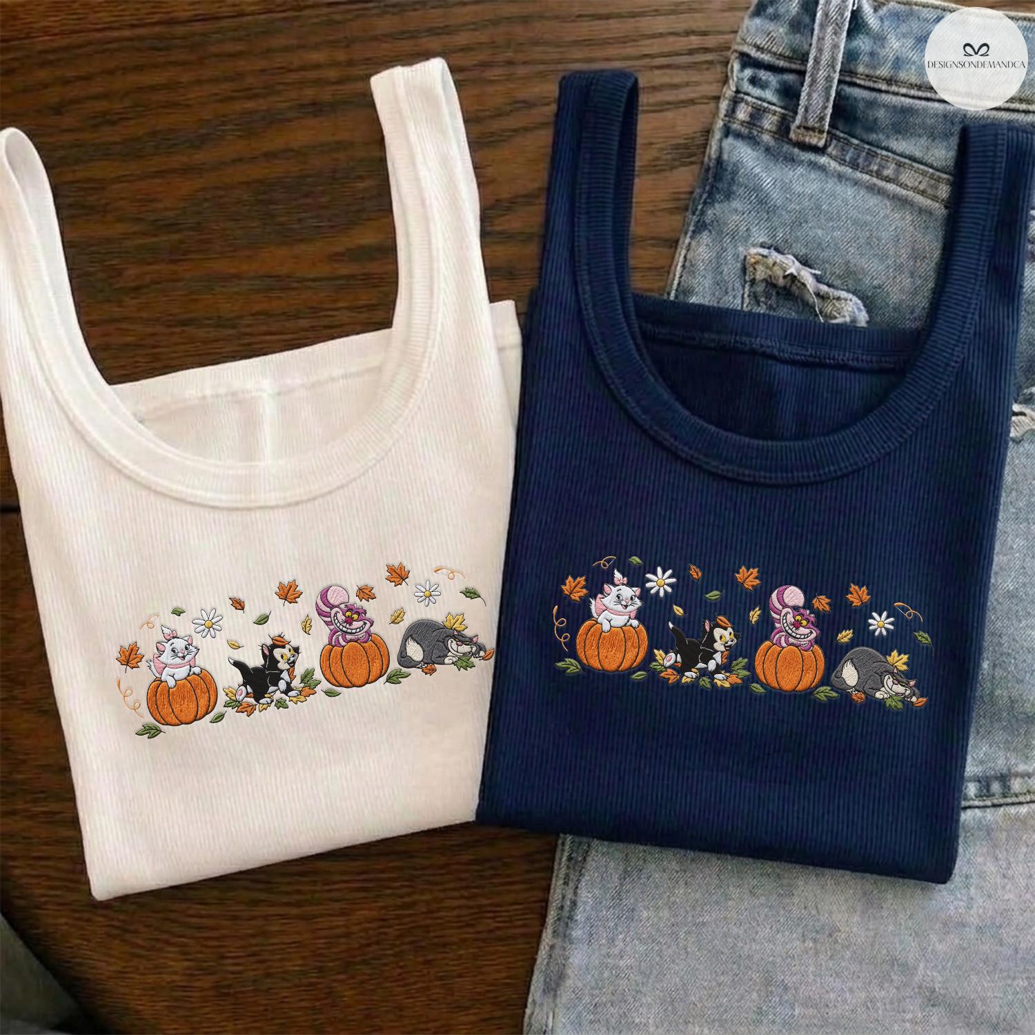 Embroidered Disney Cats Fall Vibes Baby Tee Lace Trim Tank Top With Marie Lucifer Cheshire and Figaro Pumpkin for Halloween Cat Lovers - photo 3