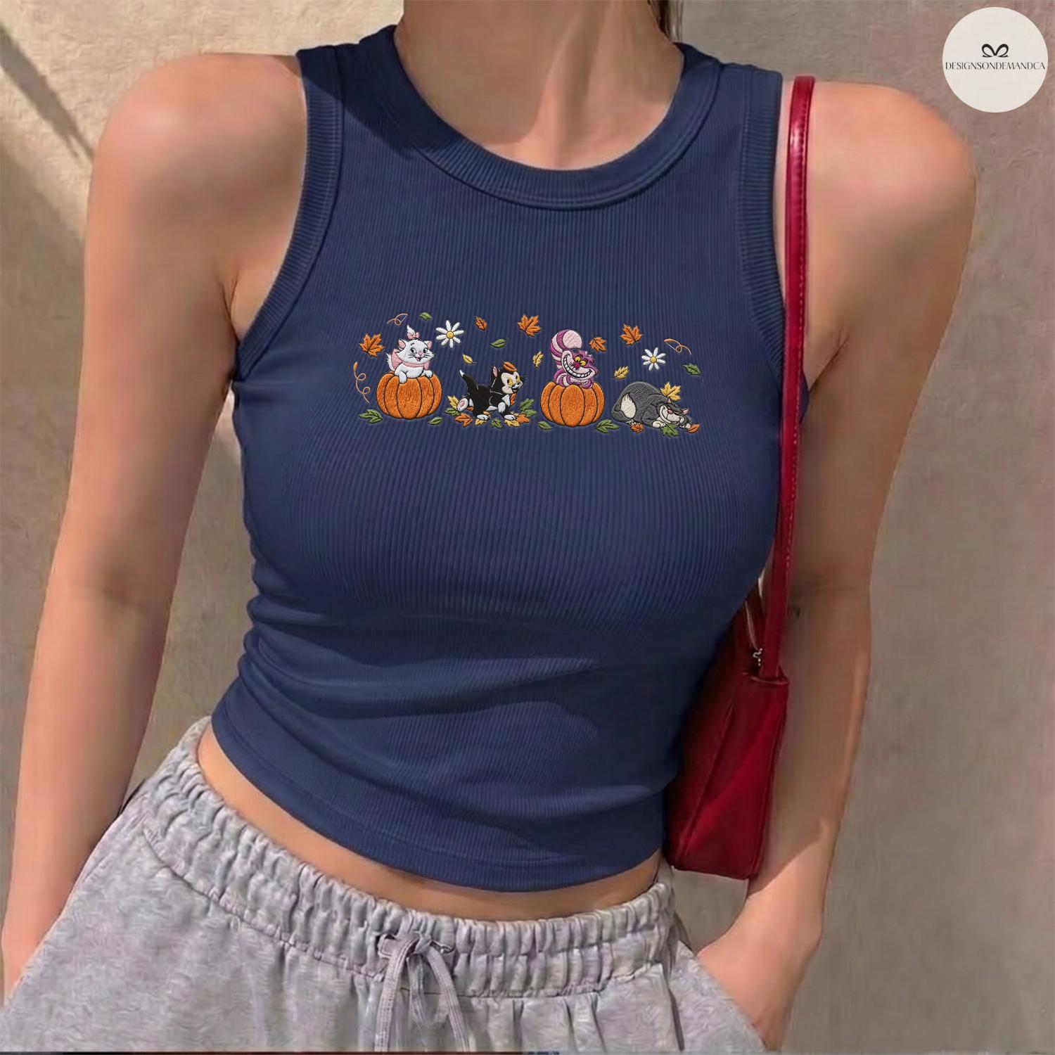 Embroidered Disney Cats Fall Vibes Baby Tee Lace Trim Tank Top With Marie Lucifer Cheshire and Figaro Pumpkin for Halloween Cat Lovers - photo 4