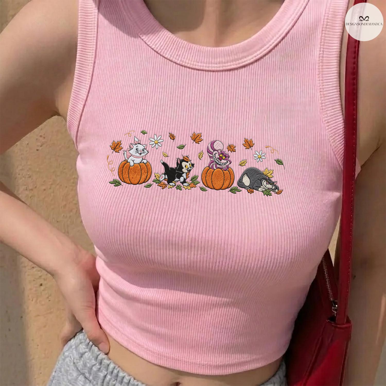 Embroidered Disney Cats Fall Vibes Baby Tee Lace Trim Tank Top With Marie Lucifer Cheshire and Figaro Pumpkin for Halloween Cat Lovers - photo 5