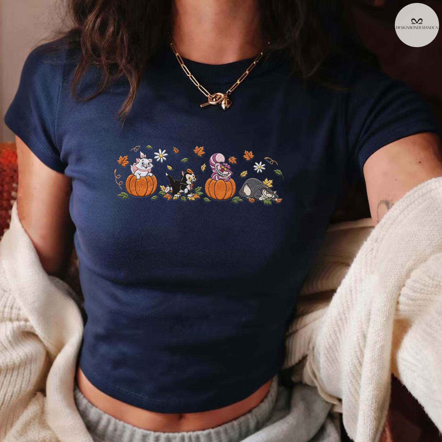 Embroidered Disney Cats Fall Vibes Baby Tee Lace Trim Tank Top With Marie Lucifer Cheshire and Figaro Pumpkin for Halloween Cat Lovers - photo 6