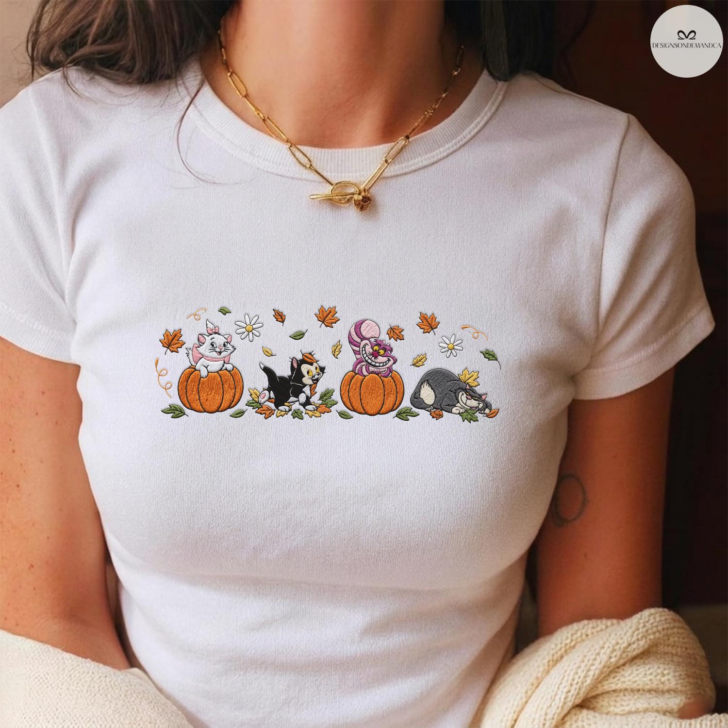 Embroidered Disney Cats Fall Vibes Baby Tee Lace Trim Tank Top With Marie Lucifer Cheshire and Figaro Pumpkin for Halloween Cat Lovers - photo 7