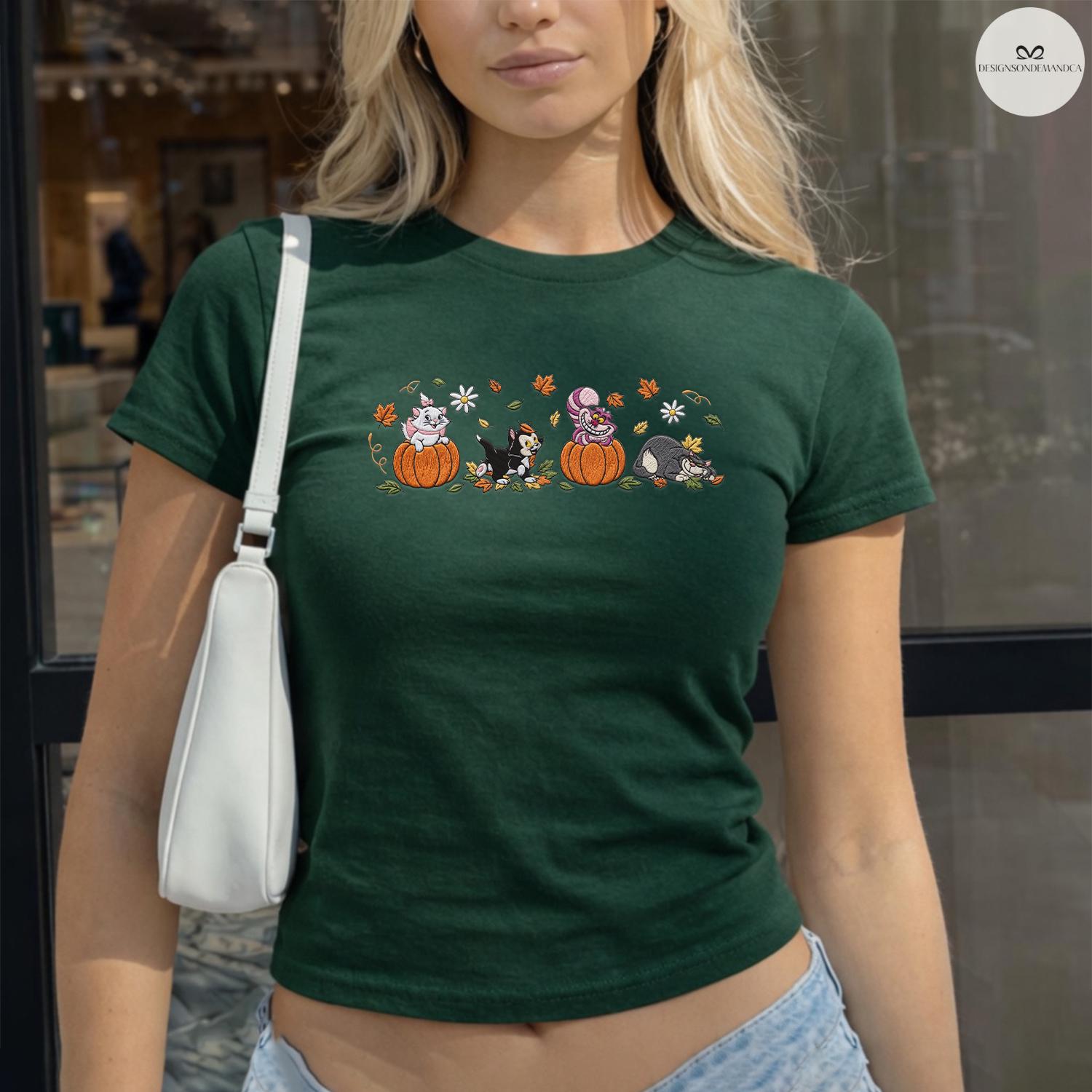 Embroidered Disney Cats Fall Vibes Baby Tee Lace Trim Tank Top With Marie Lucifer Cheshire and Figaro Pumpkin for Halloween Cat Lovers - photo 8